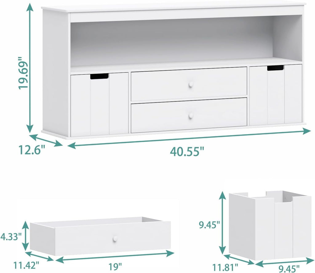 44.5" Toy Storage Organizer with 2 Drawers, Wooden Toy Organizer Bins, Kids Bookshelf for Reading, Storing, Playing, White