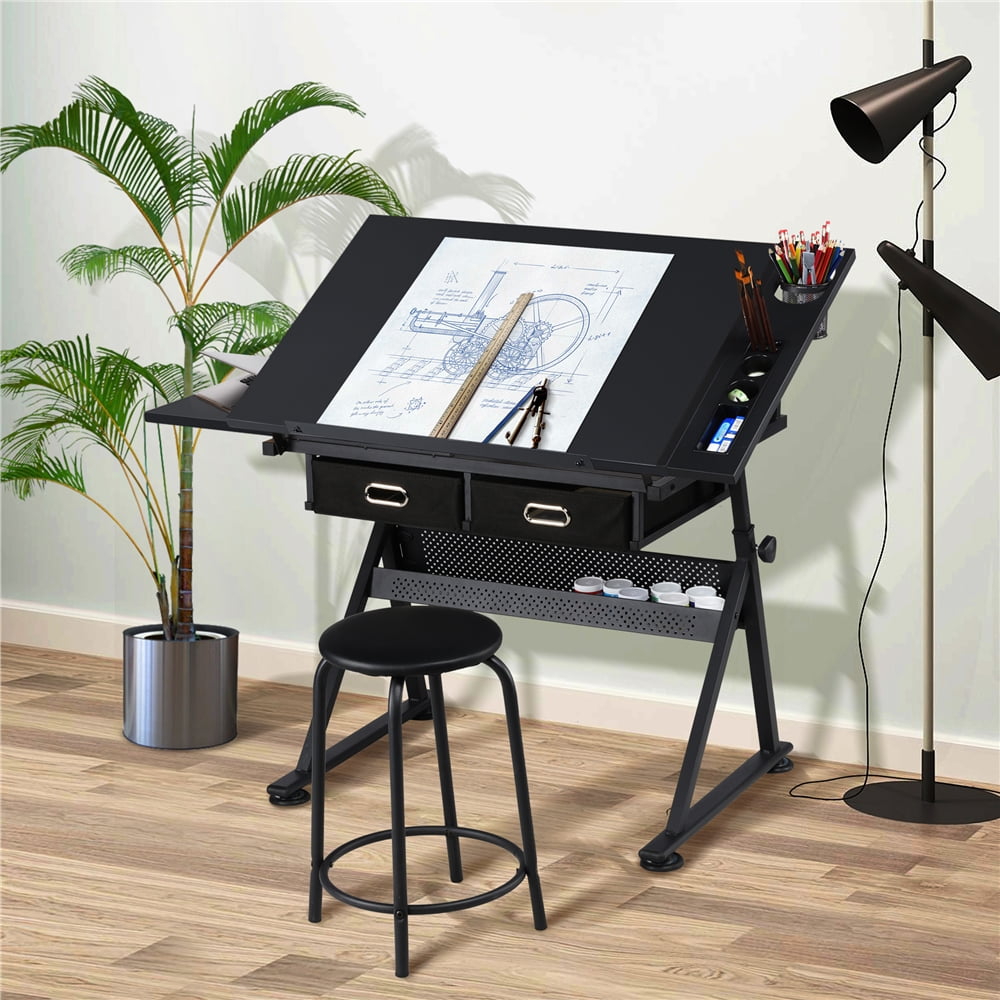 Alden Design Adjustable Drafting Table with Stool, Black