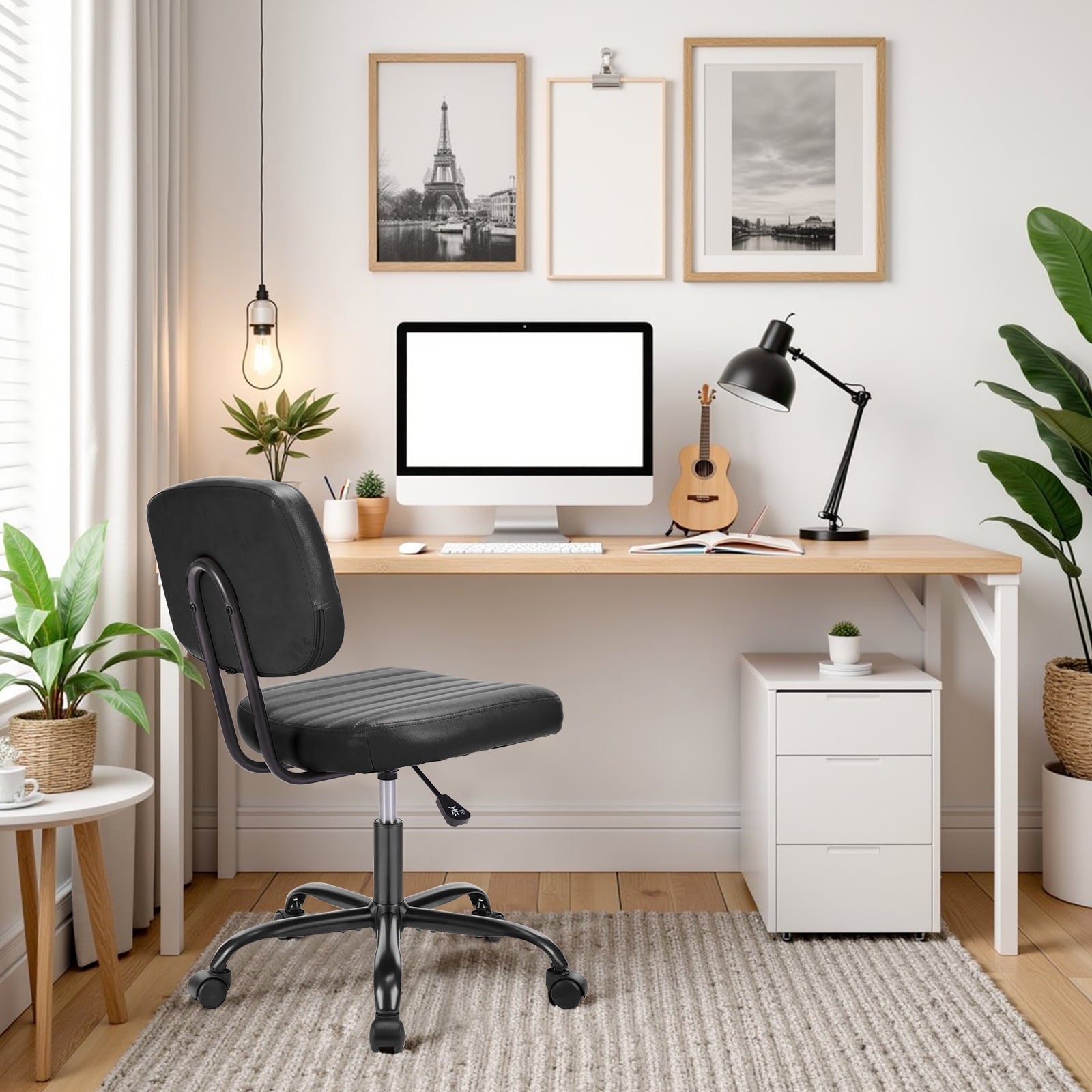 Cute Task Chair, Adjustable Armless Activity Chair with Wheels, Comfy Low Back Swivel Desk Chair, Black