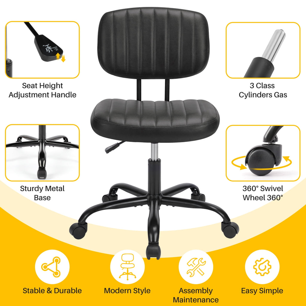 Cute Task Chair, Adjustable Armless Activity Chair with Wheels, Comfy Low Back Swivel Desk Chair, Black