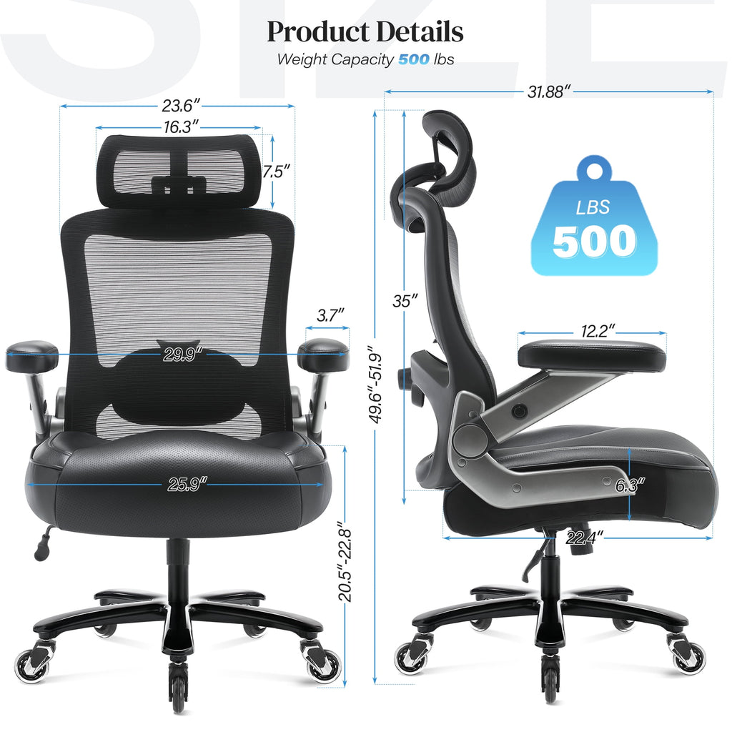 Big and Tall Office Chair 500 lbs, Ergonomic Desk Chair with 3D Flip up Arms, High Back Mesh Executive Computer Chair, Adjustable Headrest Lumbar Support, Black