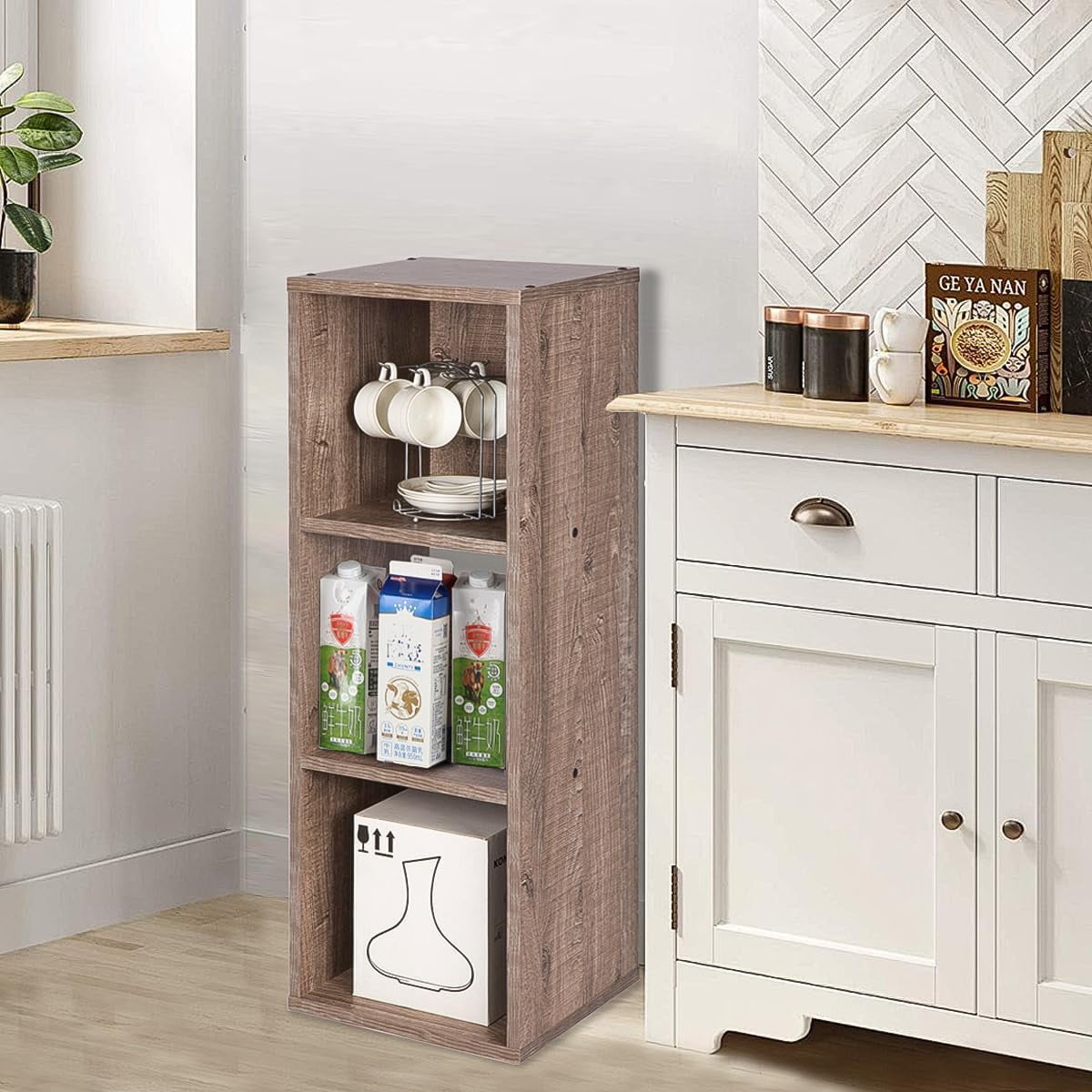 VibrantEcho E-Commerce US 3-Tier Open Storage Shelf, Espresso Modern Cubby Organizer or Bookcase Cabinet for Living Room Bedroom Office Dorm Room Kids Room, Rustic Brown Oak