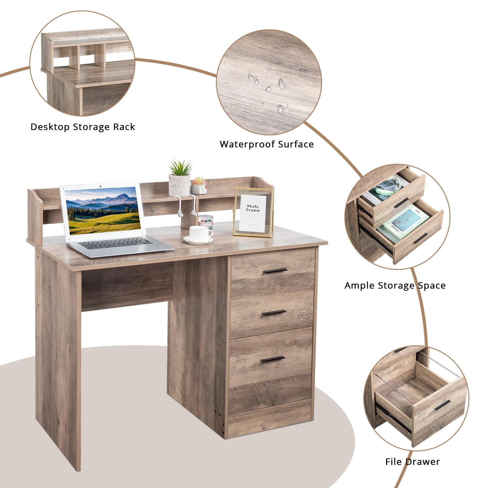 Ktaxon Wood Computer Desk Office Laptop PC Work Table, Writing Desk with 3 Drawers File Cabinet for Letter Size,Gray