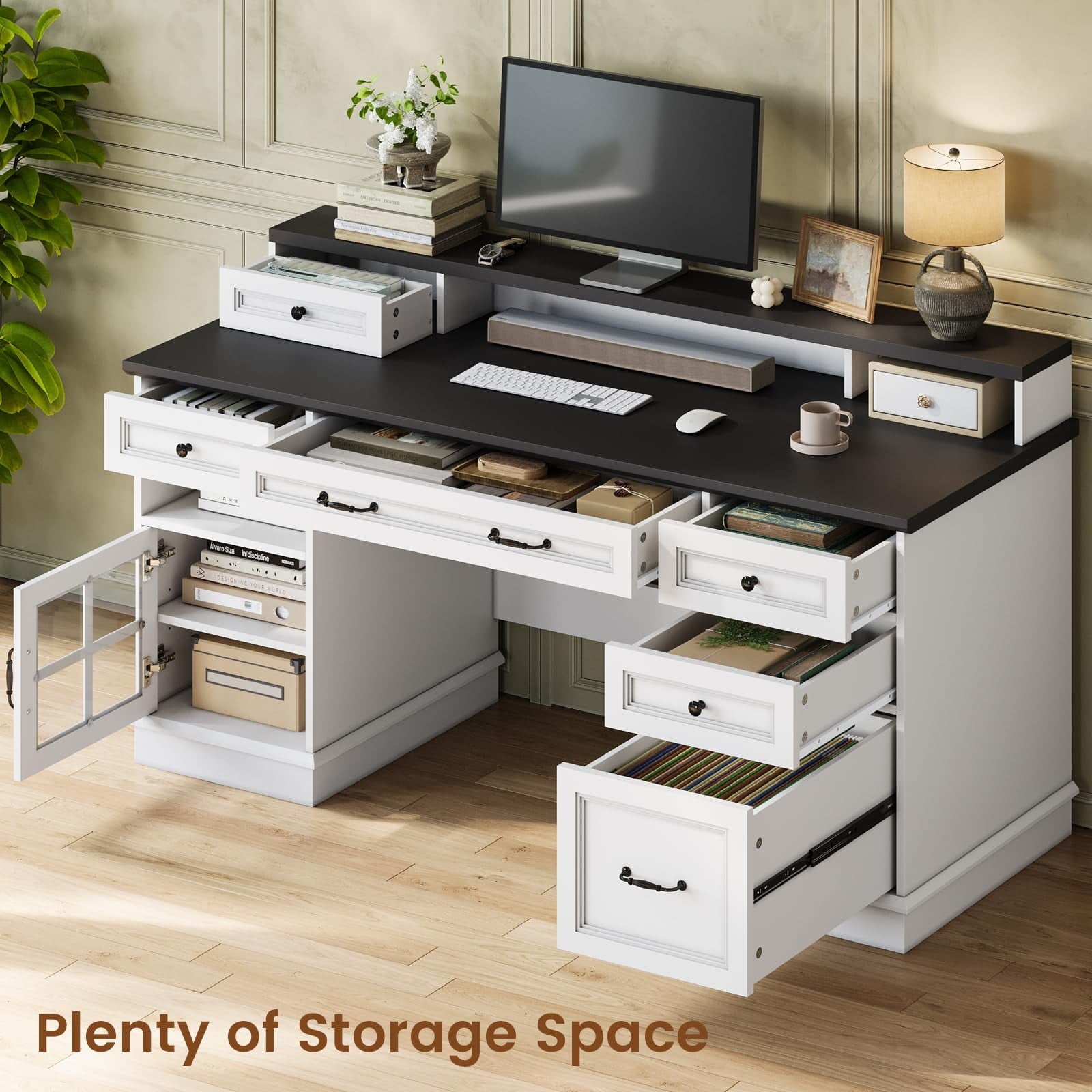 Plonmago Executive Desk with Drawers,Computer Desk with Power Outlet and Led Lights, Modern Desk with Storage Cabinet and Monitor Shelf for Home Office,Ergonomic,White