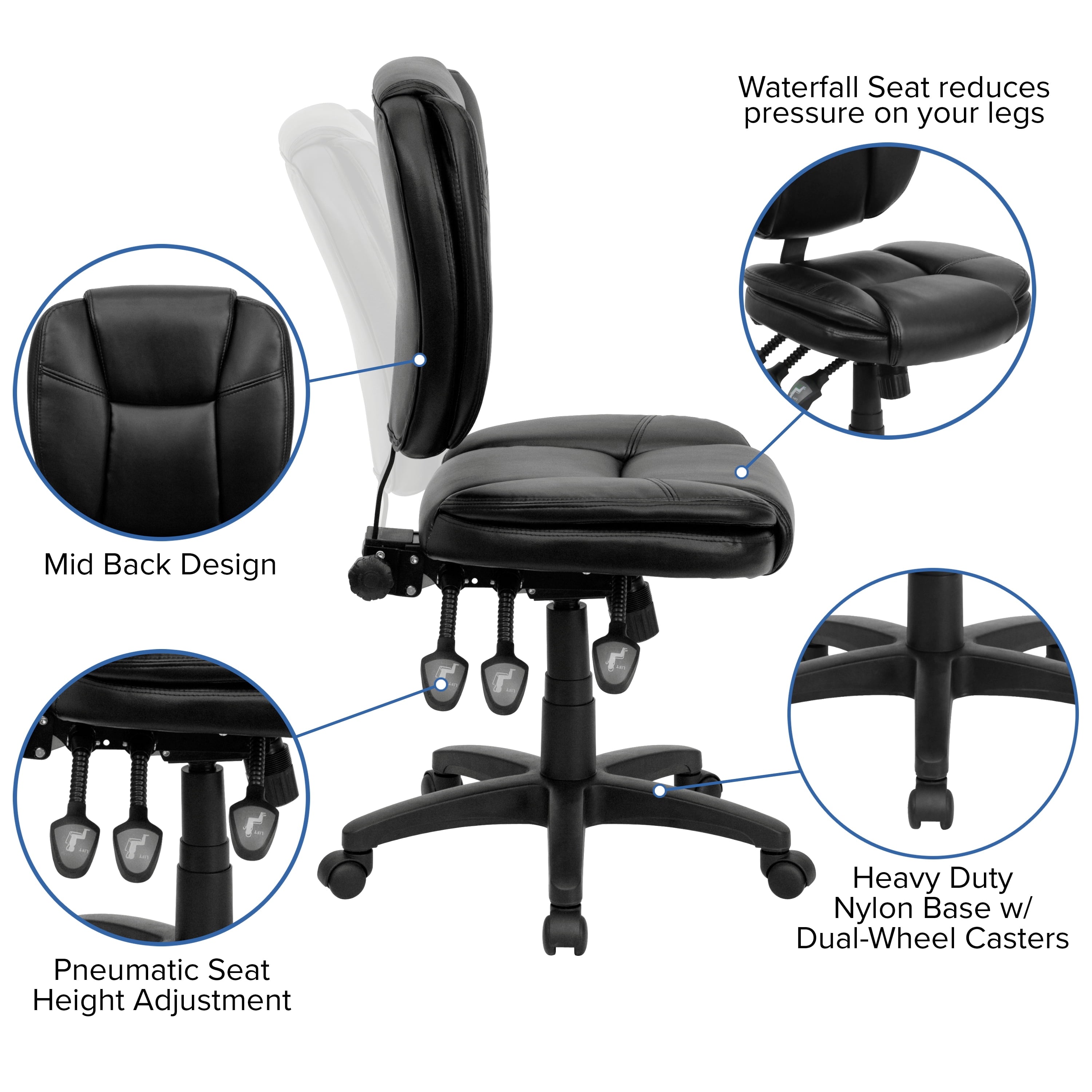 Flash Furniture Mid-Back Black LeatherSoft Multifunction Swivel Ergonomic Task Office Chair with Pillow Top Cushioning