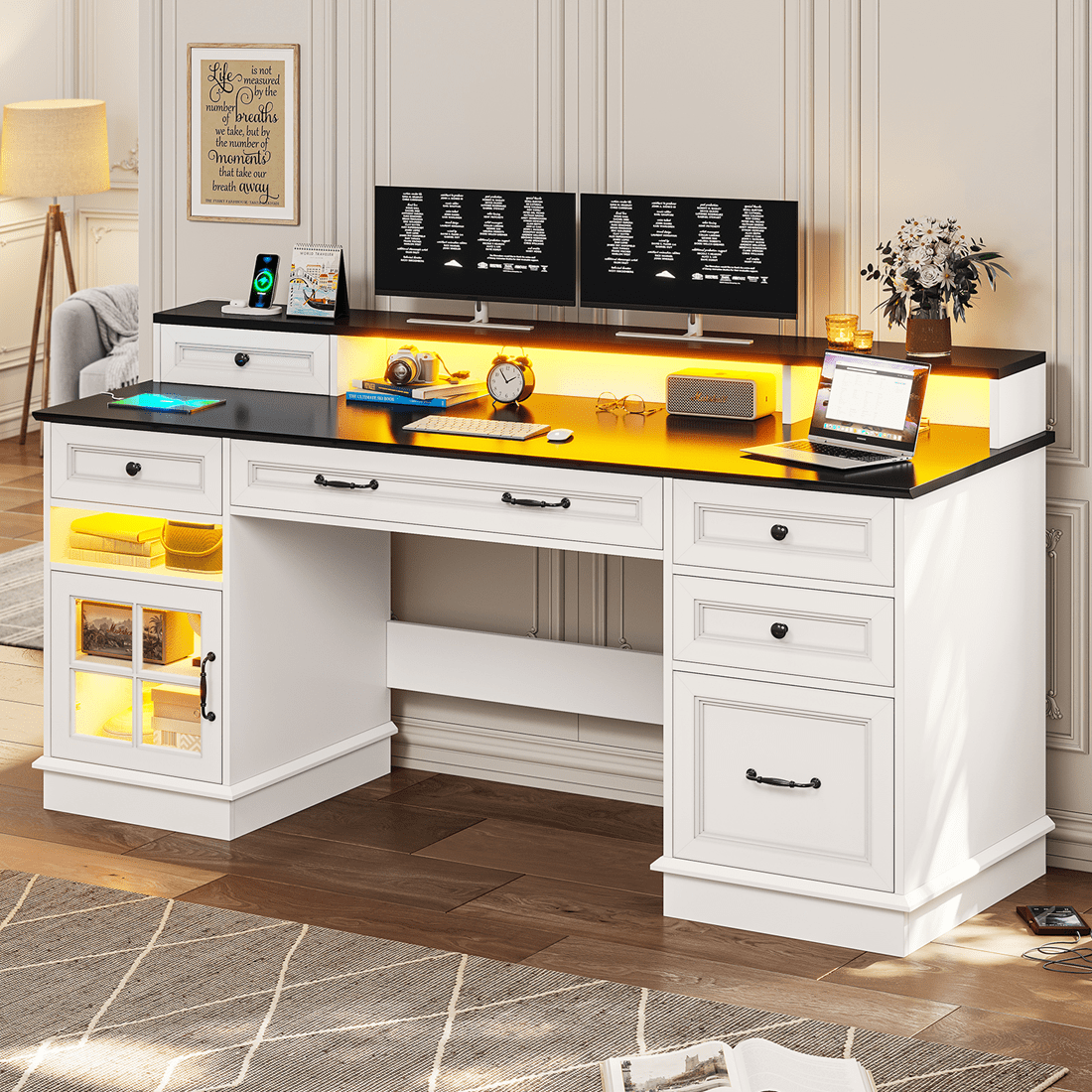 Plonmago Executive Desk with Drawers,Computer Desk with Power Outlet and Led Lights, Modern Desk with Storage Cabinet and Monitor Shelf for Home Office,Ergonomic,White