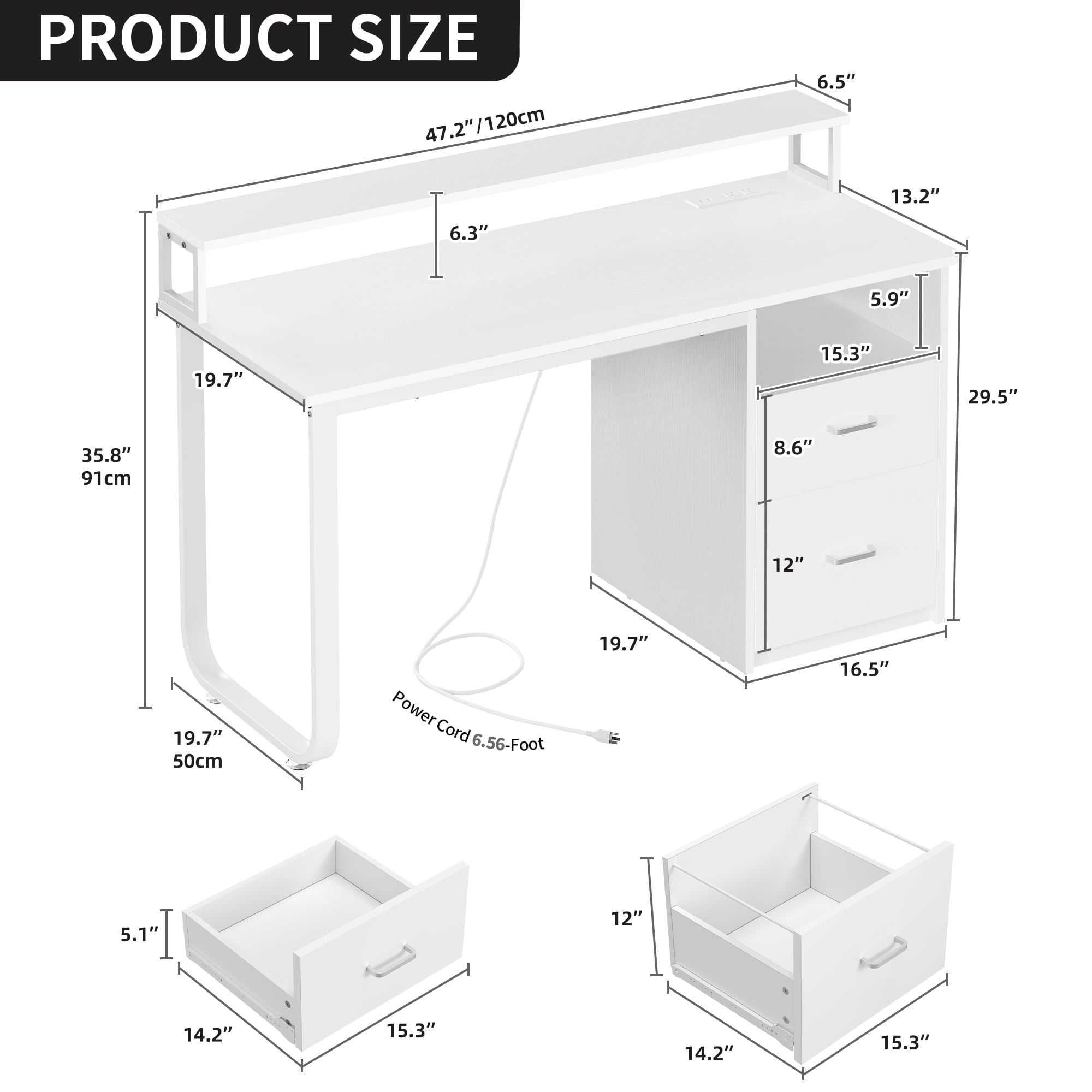 DWVO 47" Computer Desk with Storage Drawers & LED Light, Office Desk with Monitor Stand & Power Outlets, Work Study PC Desk for Small Spaces, Home Office, White