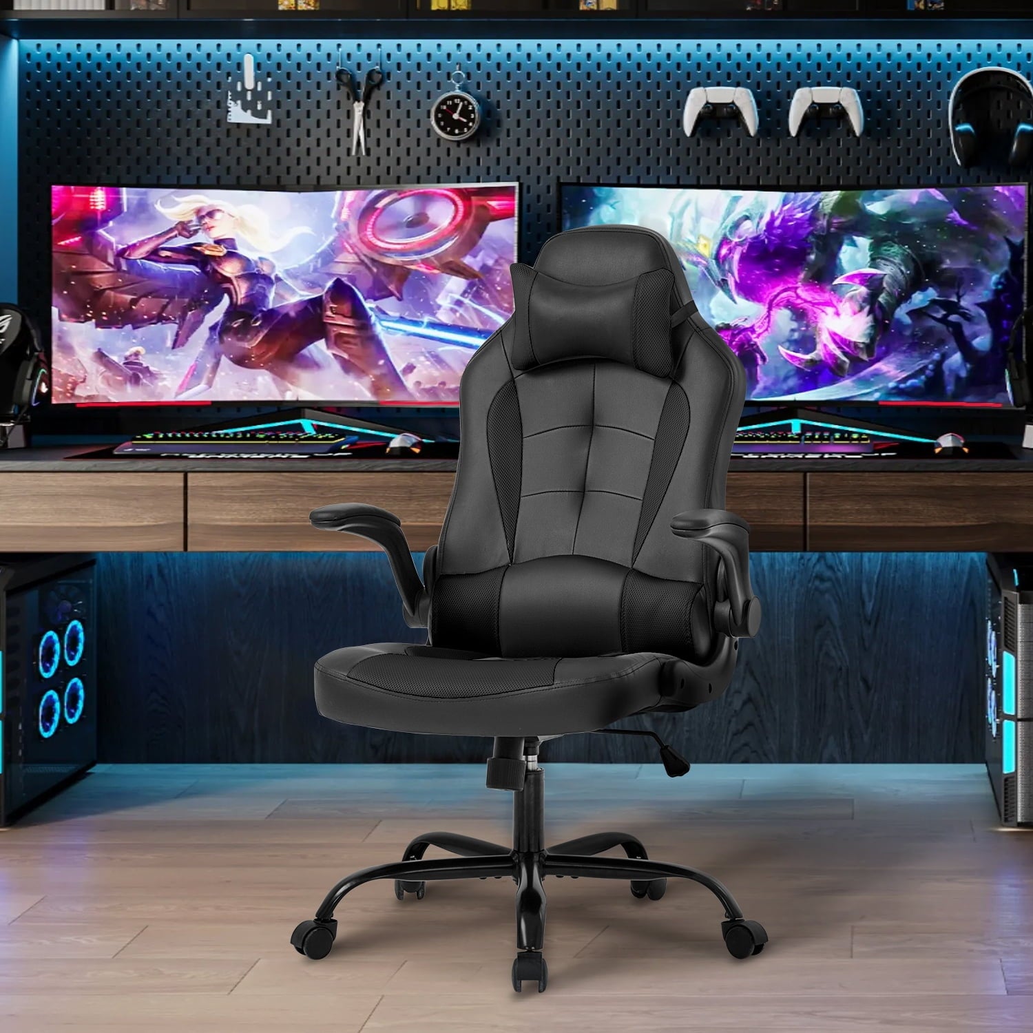 YRLLENSDAN Adjustable Swivel Rolling Adults Teens Gaming Chair with Headrest and Armrest, Black