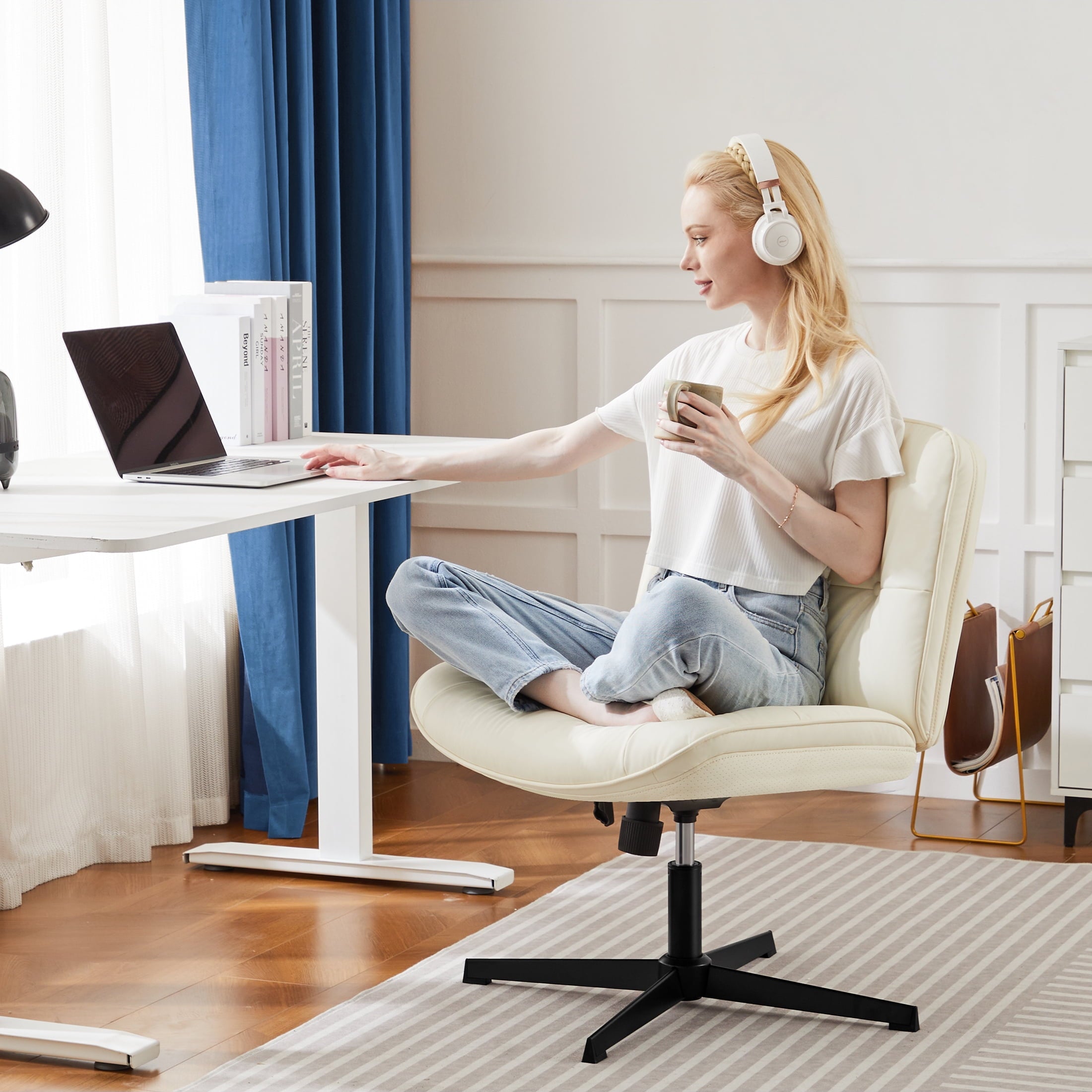 EDX Armless Office Fixed Chair, Wide Ergonomic Artificial Leather Swivel Chair with Height Adjustable, Comfortable Computer Accent Chair for Living or Bed Room, Beige