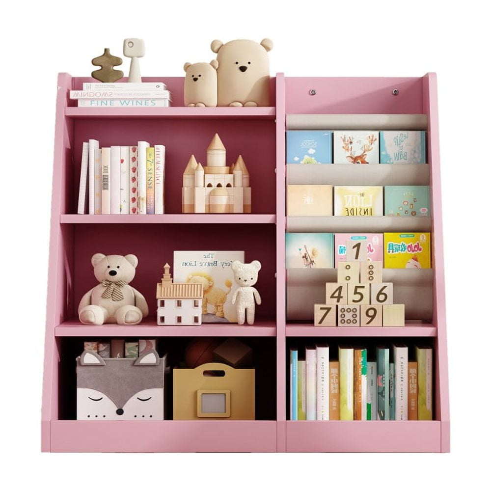 IVV Montessori Kid Bookshelf, Modern Wood Bookcase 4 Tier Children Book Rack Display Toy Storage Organizer Sling Book Rack for Classroom Bedroom Nursery Playroom (Pink)