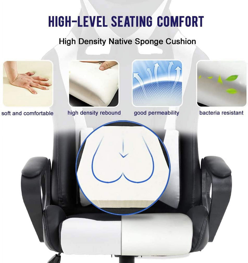 BestOffice Racing Gaming Chair w/Adjustable Lumbar Pillow & Reclining Backrest, White