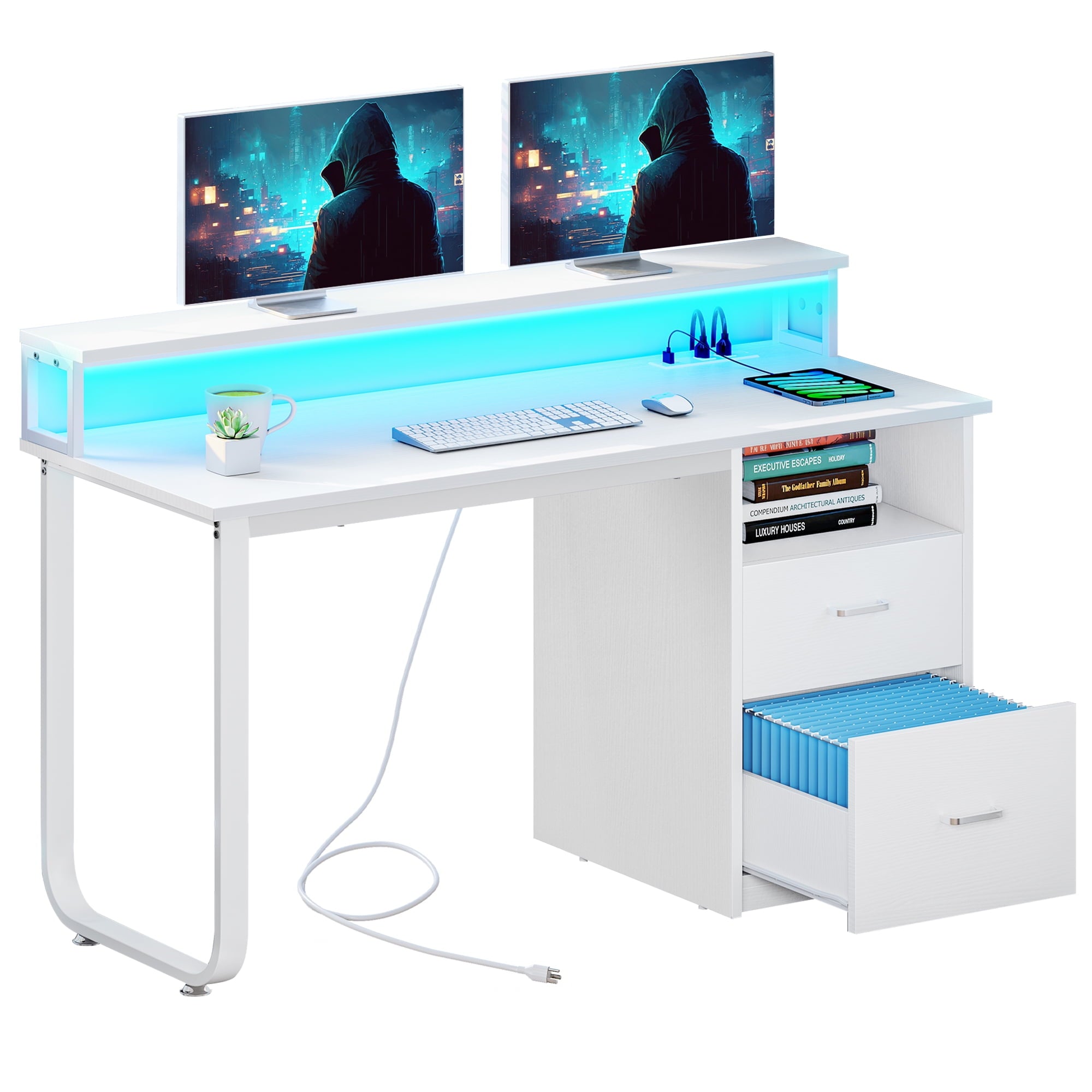 DWVO 47" Computer Desk with Storage Drawers & LED Light, Office Desk with Monitor Stand & Power Outlets, Work Study PC Desk for Small Spaces, Home Office, White
