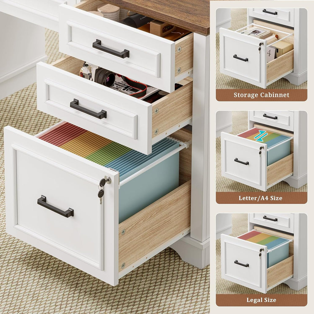 60'' Farmhouse Executive Desk with Drawers, Computer Desk with Power Outlet and LED Lights for Home, Office, White