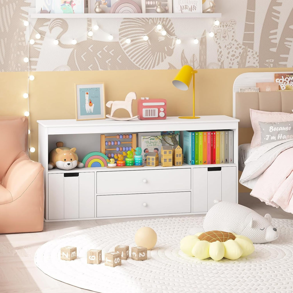 44.5" Toy Storage Organizer with 2 Drawers, Wooden Toy Organizer Bins, Kids Bookshelf for Reading, Storing, Playing, White