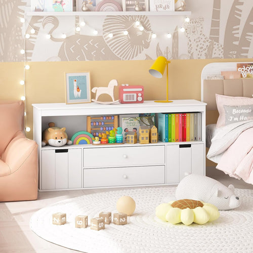 44.5" Toy Storage Organizer with 2 Drawers, Wooden Toy Organizer Bins, Kids Bookshelf for Reading, Storing, Playing, White