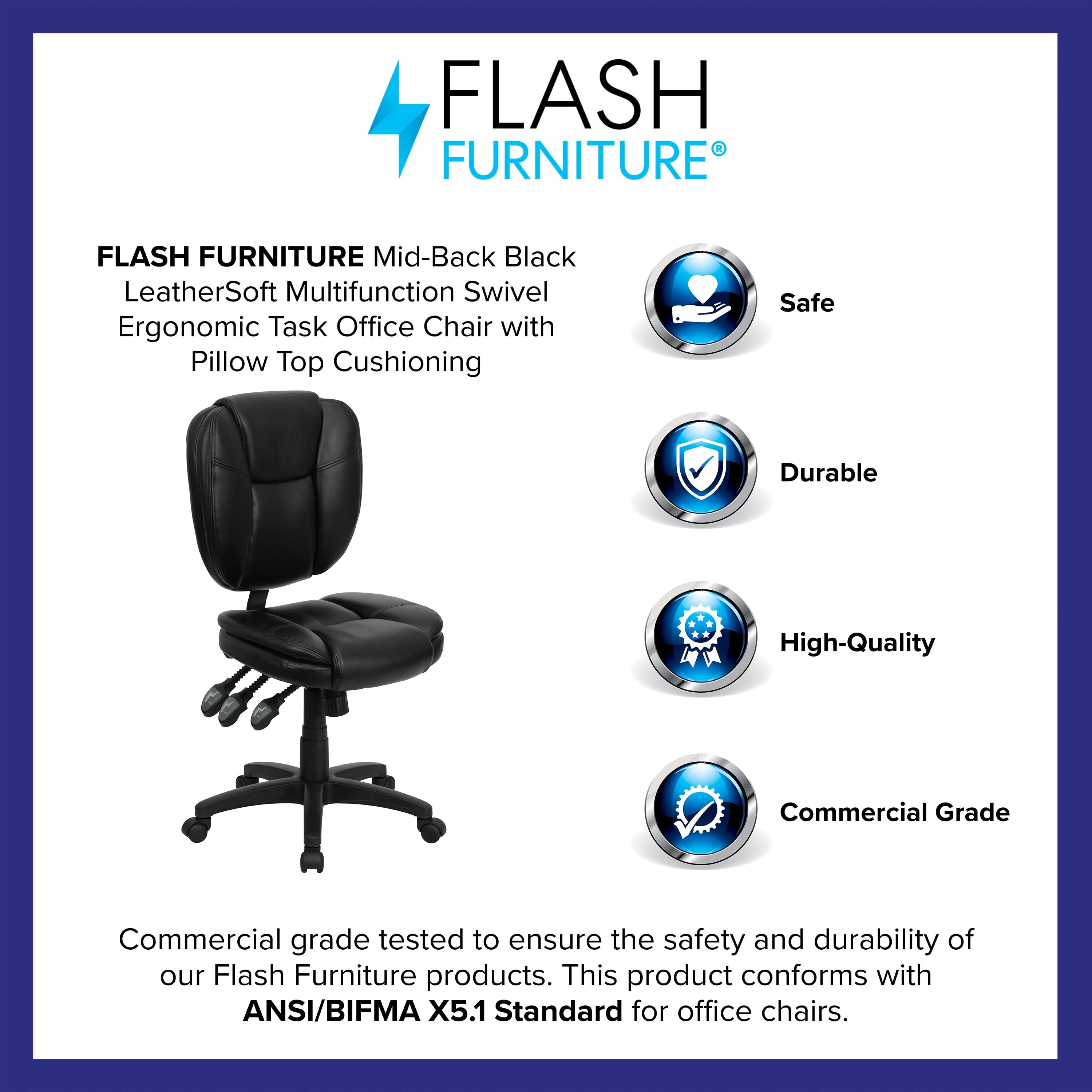 Flash Furniture Mid-Back Black LeatherSoft Multifunction Swivel Ergonomic Task Office Chair with Pillow Top Cushioning