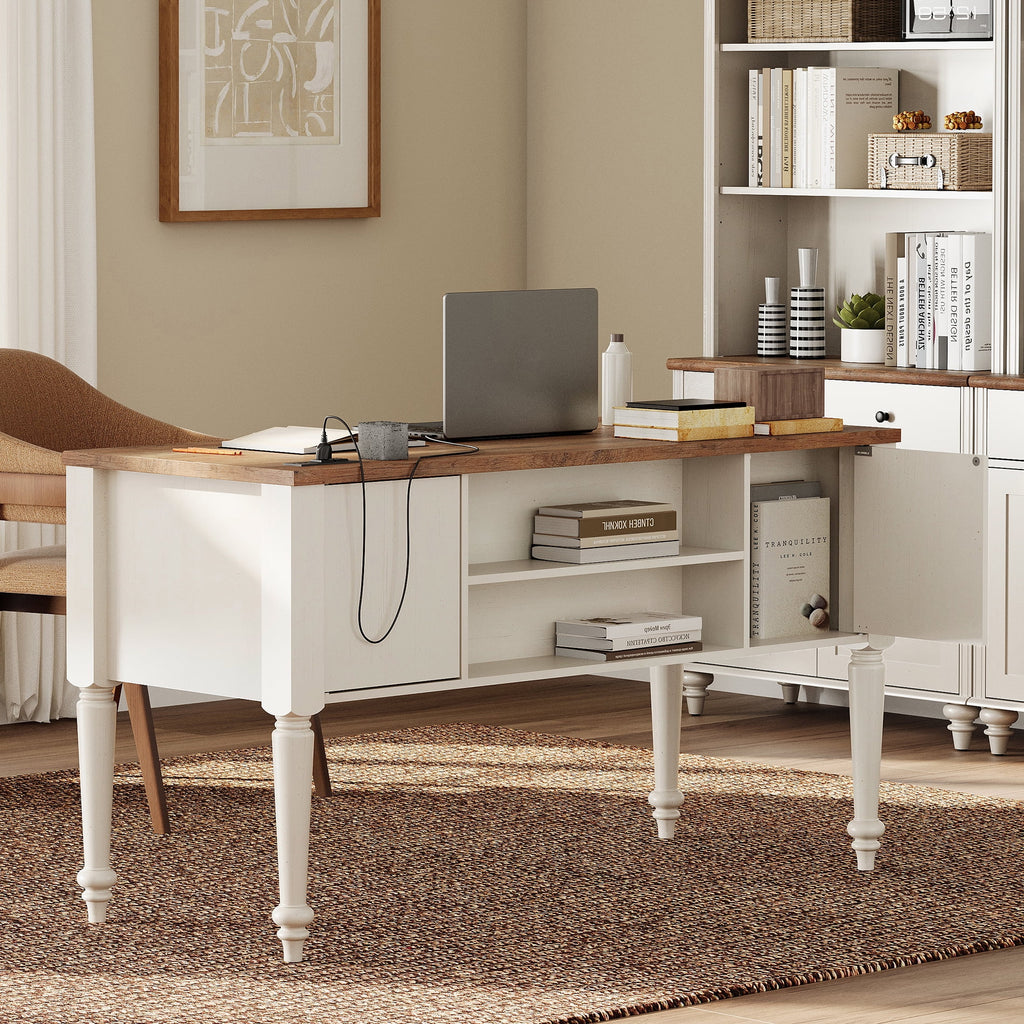 Farmhouse Executive Desk with 5 Drawers, Home Office Desk with Charging Station, Wooden Computer Desk with File Cabinet Storage, Door, Open Shelf for Work and Study, White, 56 inch