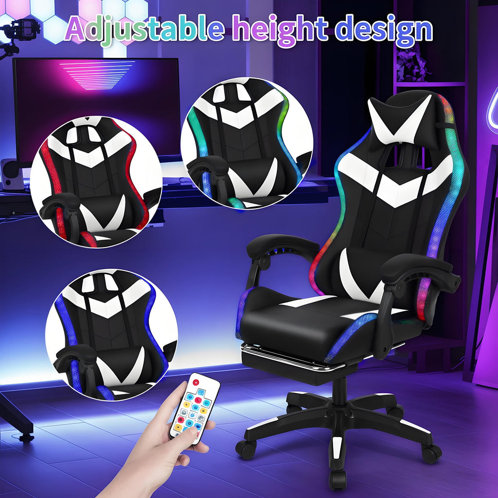 Lorelo 360 Degree Rotation Gaming Chair, Adjustable Height Computer Chair with Two Bluetooth-compatible Speakers, Multiple RGB LED Light Modes Game Chair with Retractable Footrest