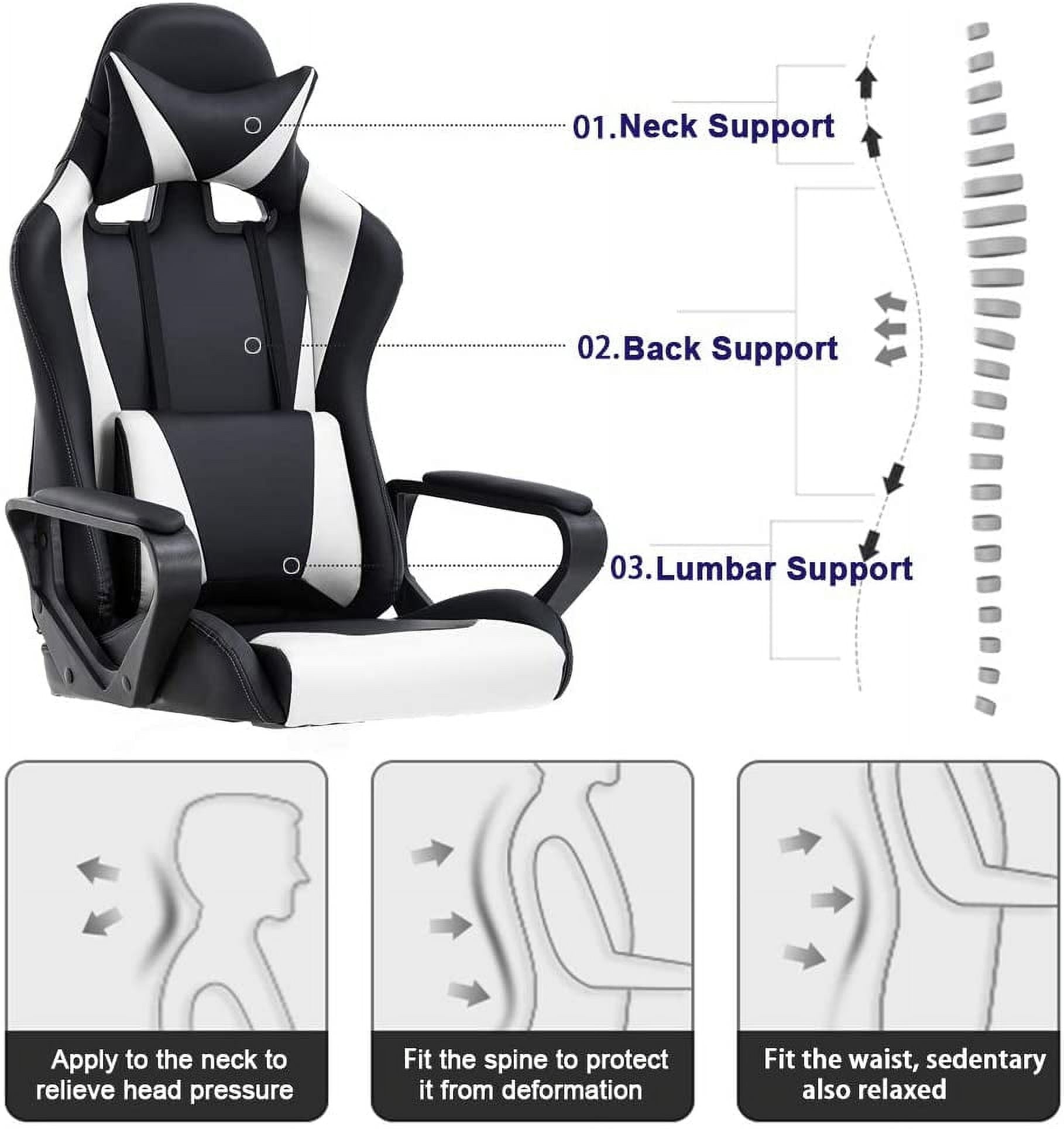 BestOffice Racing Gaming Chair w/Adjustable Lumbar Pillow & Reclining Backrest, White