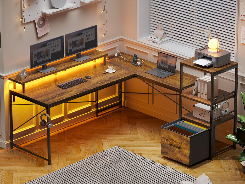 L Shaped Desk with Power Outlets and LED Lights, Reversible Computer Desk with Fabric File Drawer, Rustic Brown