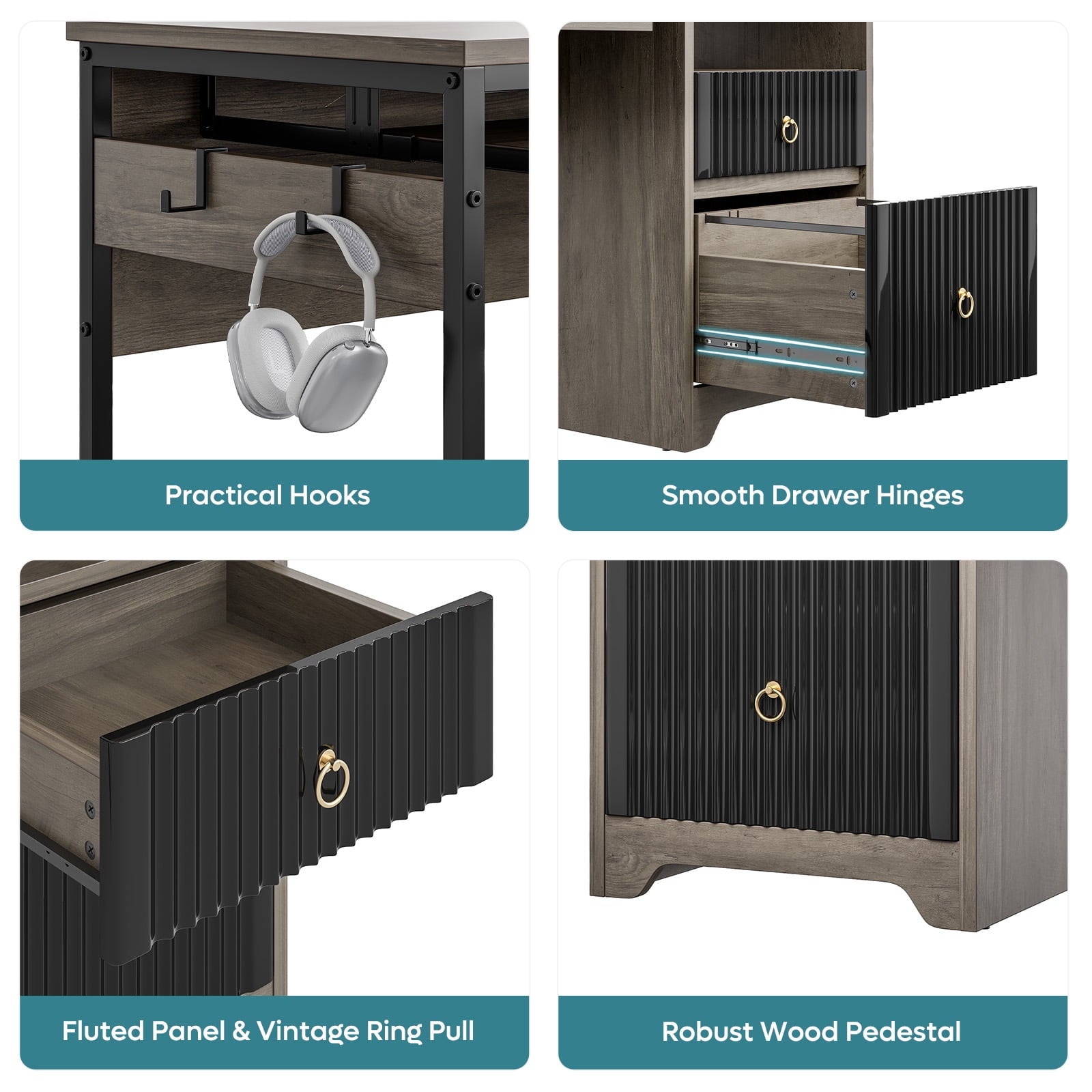 Bestier 55 Inch Office Desk with Drawers, Keyboard Tray, 2 Hooks, Modern Fluted Computer Desk for Home, Grey