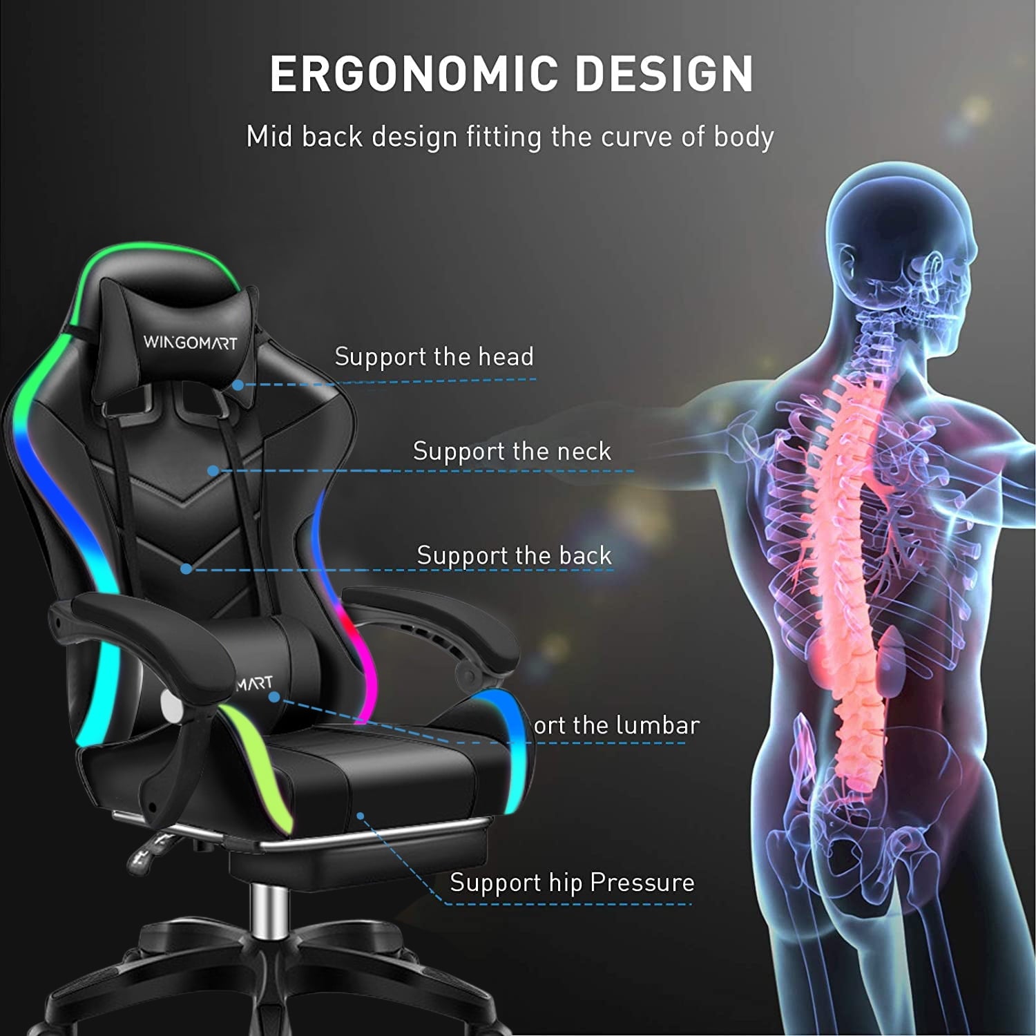 WINGOMART Ergonomic Gaming Chair with Footrest, High Back Faux Leather Gaming Chair With RGB led light and Adjustable Armrest Height Adjustable Swivel