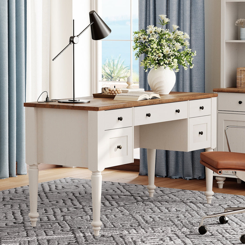 Farmhouse Executive Desk with 5 Drawers, Home Office Desk with Charging Station, Wooden Computer Desk with File Cabinet Storage, Door, Open Shelf for Work and Study, White, 56 inch