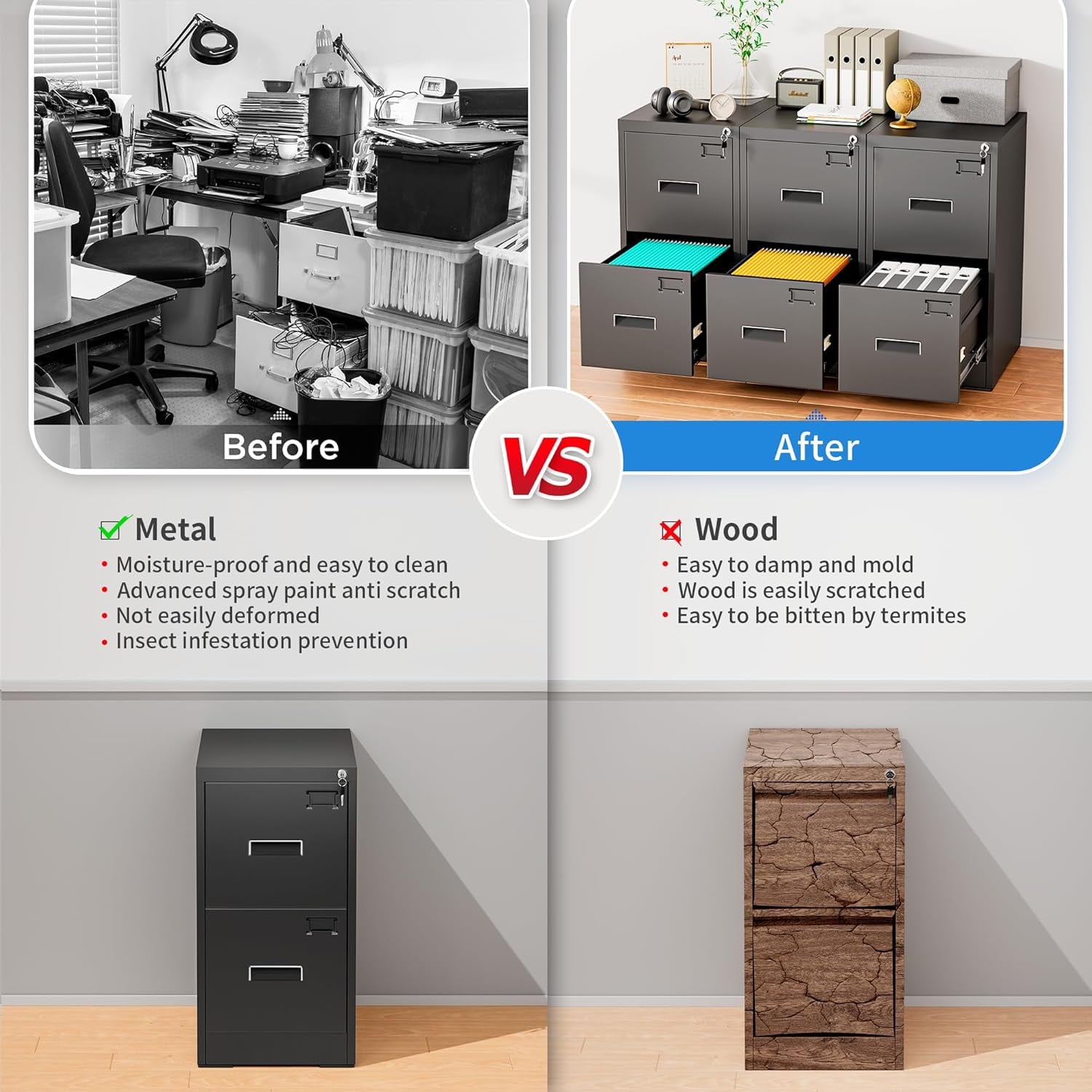 SOLAURA 2 Drawer Metal Vertical File Storage Cabinet with Lock for Home, Office, Steel File Cabinet for A4 Letter /Legal Size (Black)