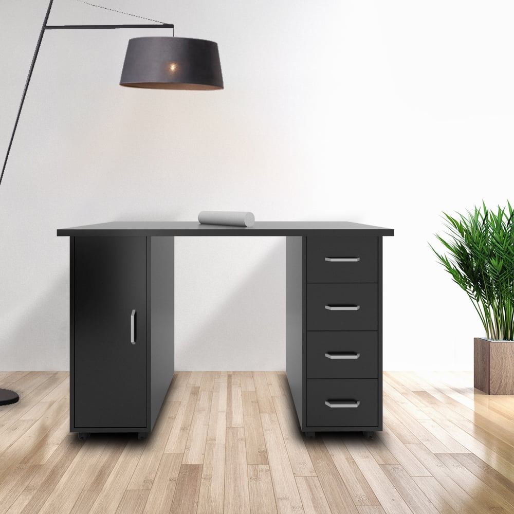 47 Inch Computer Desk, Office Desk with 4 Drawers and Storage Place, Modern Simple PC Desk with Rolling Wheels for Home, Office