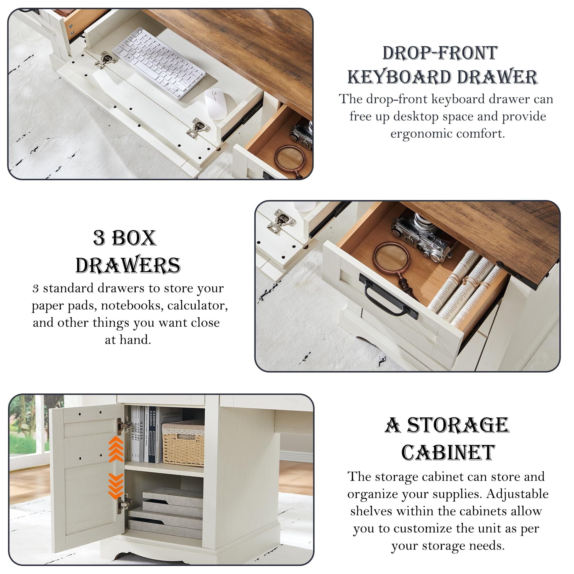 OKD Farmhouse Executive Desk, Rustic Office Desk with Charging Station and Keyboard Tray,Home Workstations with File Drawer, Storage Cabinet,Wood Computer Writing Desk, Antique White