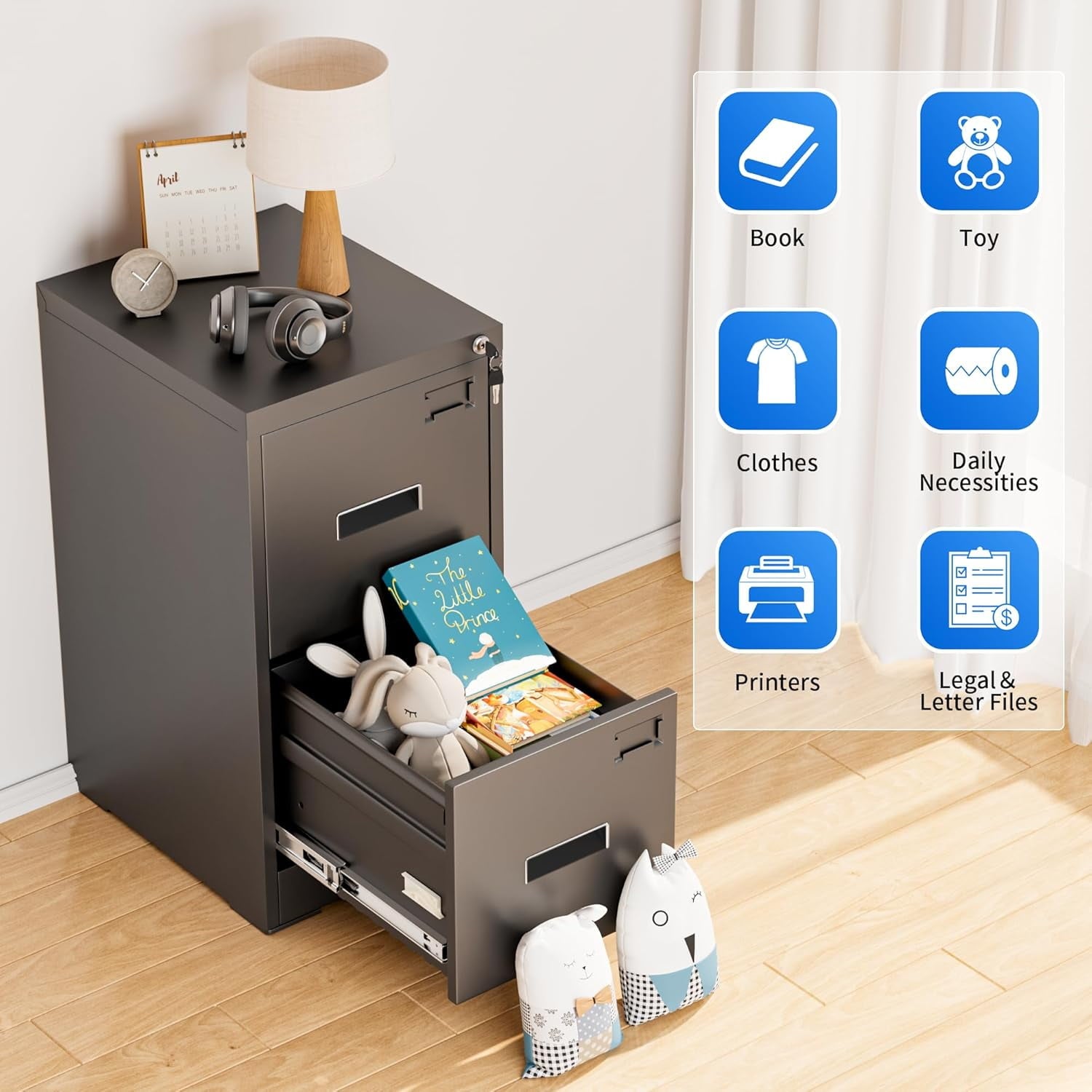 SOLAURA 2 Drawer Metal Vertical File Storage Cabinet with Lock for Home, Office, Steel File Cabinet for A4 Letter /Legal Size (Black)