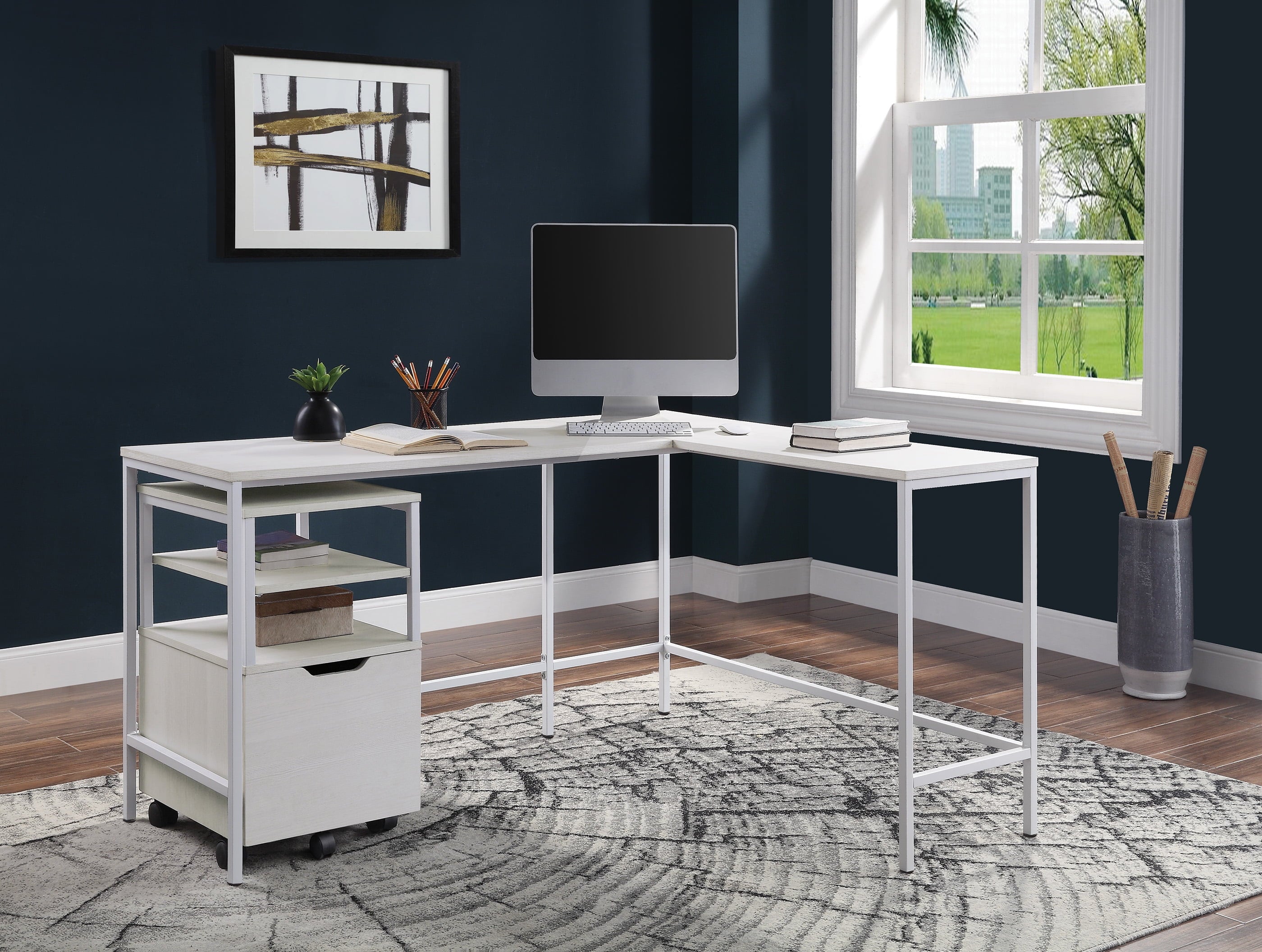 OSP Home Furnishings Contempo L-shaped Desk in White Oak Finish
