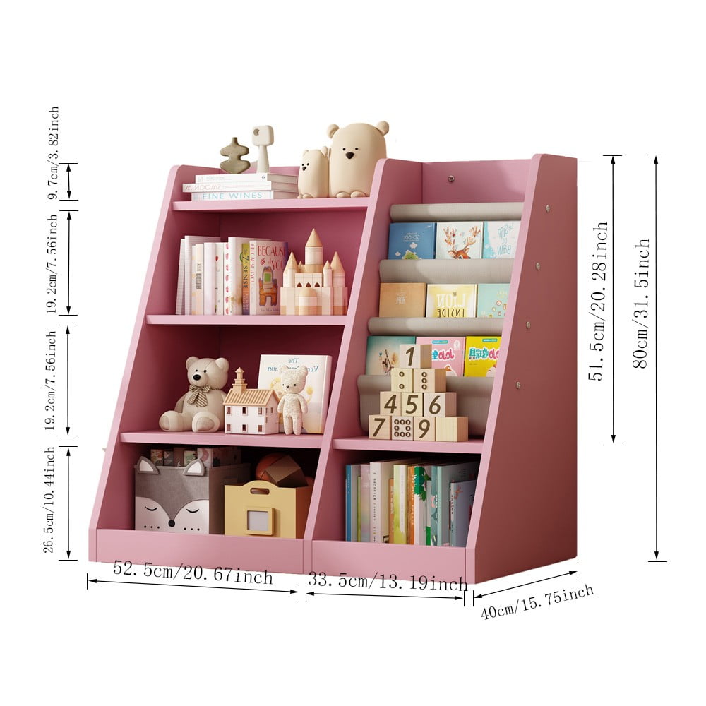 IVV Montessori Kid Bookshelf, Modern Wood Bookcase 4 Tier Children Book Rack Display Toy Storage Organizer Sling Book Rack for Classroom Bedroom Nursery Playroom (Pink)