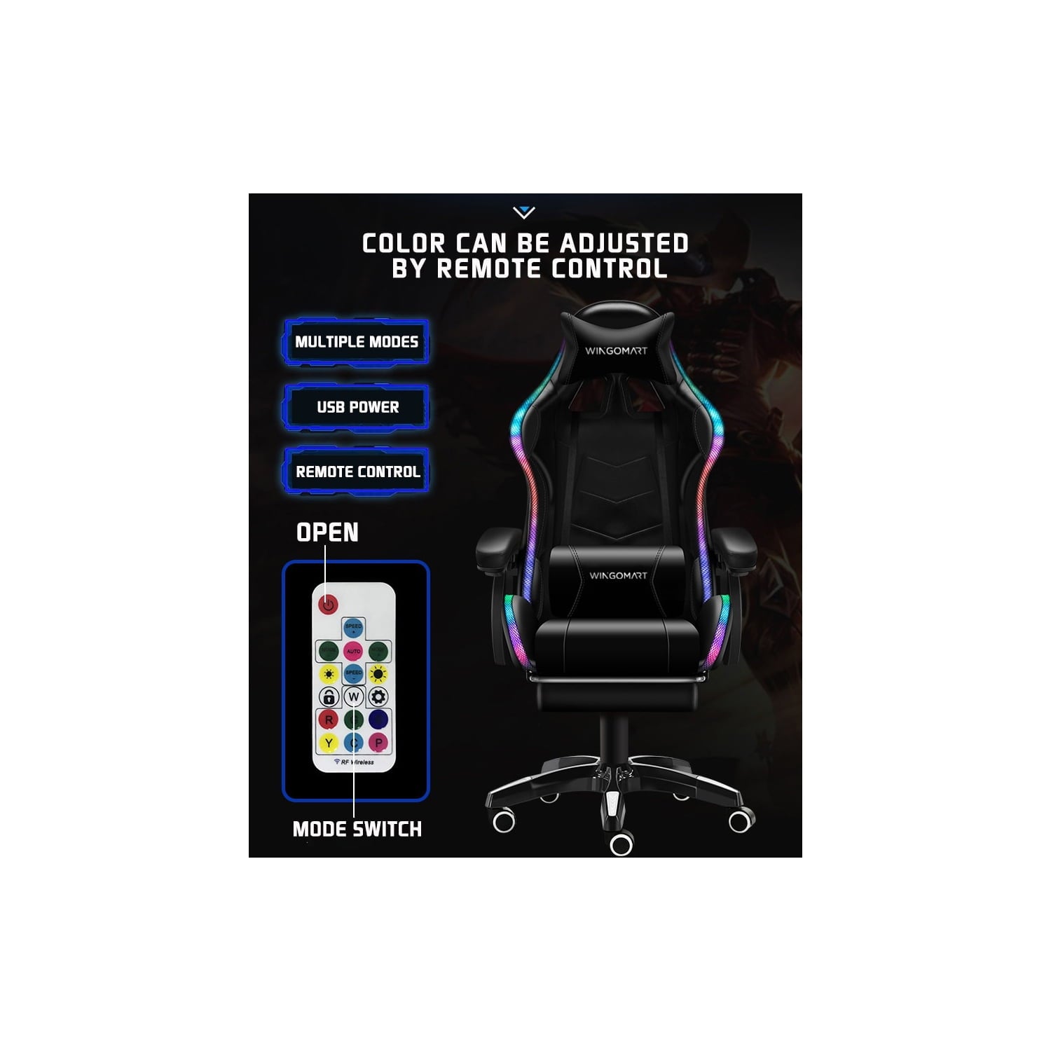 WINGOMART Ergonomic Gaming Chair with Footrest, High Back Faux Leather Gaming Chair With RGB led light and Adjustable Armrest Height Adjustable Swivel