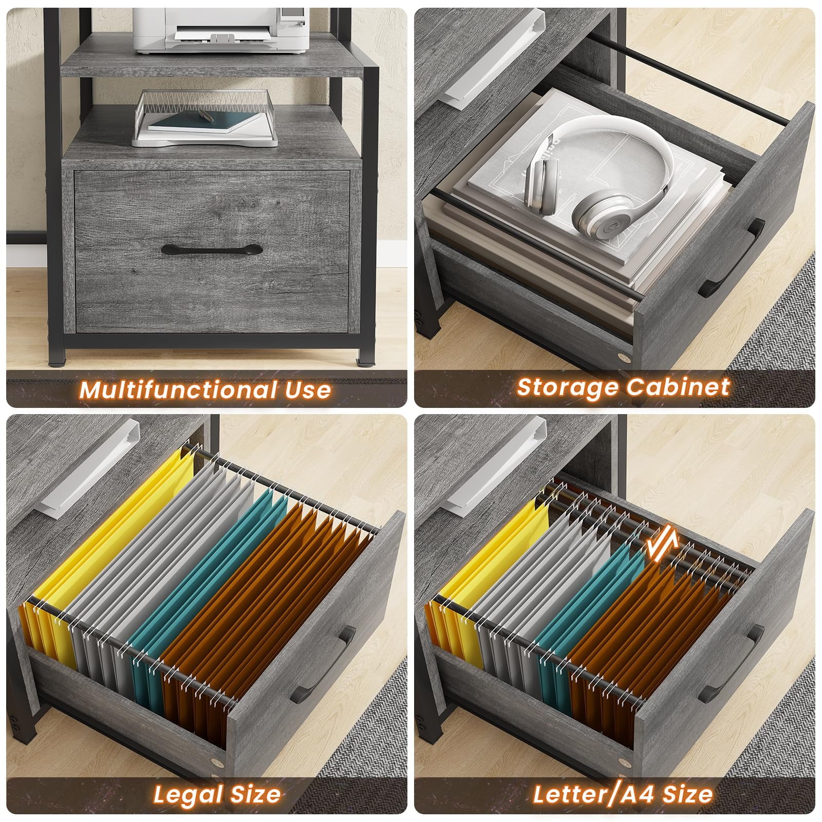 Computer Desk with 5 Drawer and LED Lights, Home Office Desk with Power Outlet, Grey