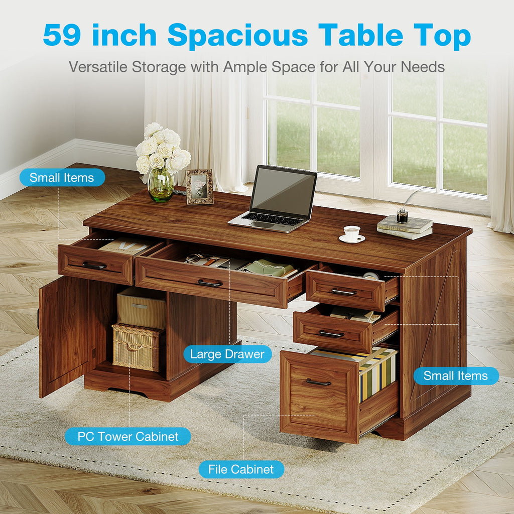 Casacomoda Home Office Desk with File Cabinet and Drawers, 59" Executive Desk with USB Power Outlet, Storage Cabinet for CPU, Workstation Table for Study, Rich Cherry
