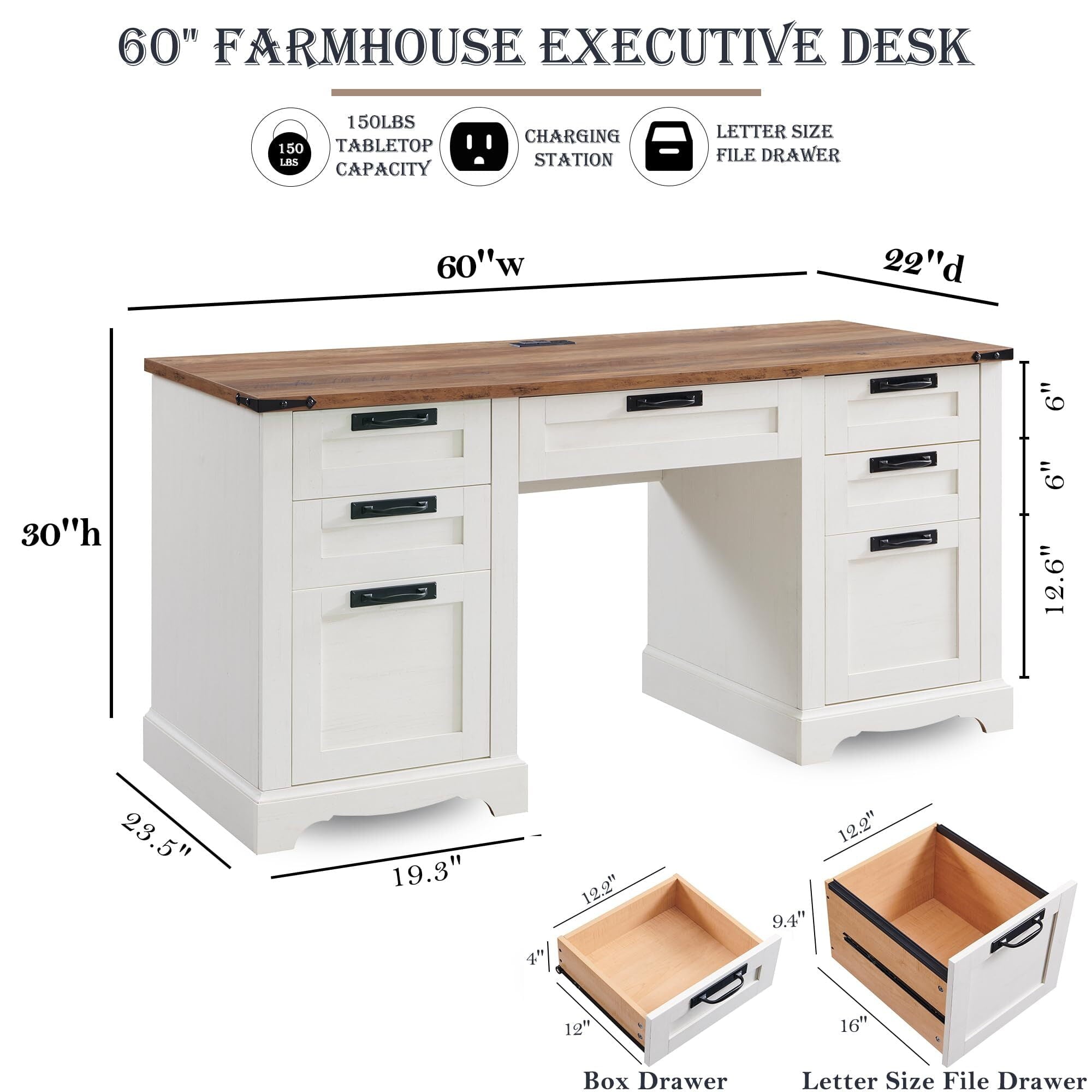 OKD Farmhouse Executive Desk, Rustic Office Desk with Charging Station and Keyboard Tray,Home Workstations with File Drawer, Storage Cabinet,Wood Computer Writing Desk, Antique White