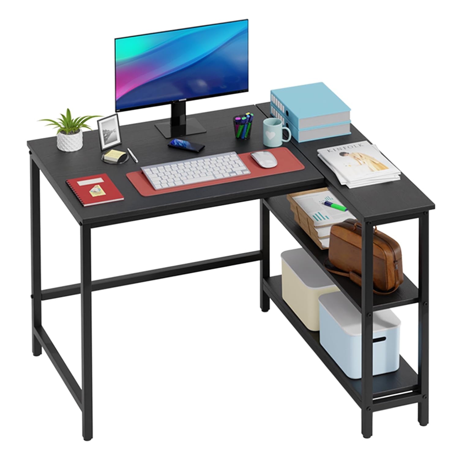 YRLLENSDAN L Shaped Computer Gaming Desk with Shelves Storage, Corner Computer Desk Table for Small Spaces Bedroom, PC Work Table Desk for Home Office, Black 39 Inch