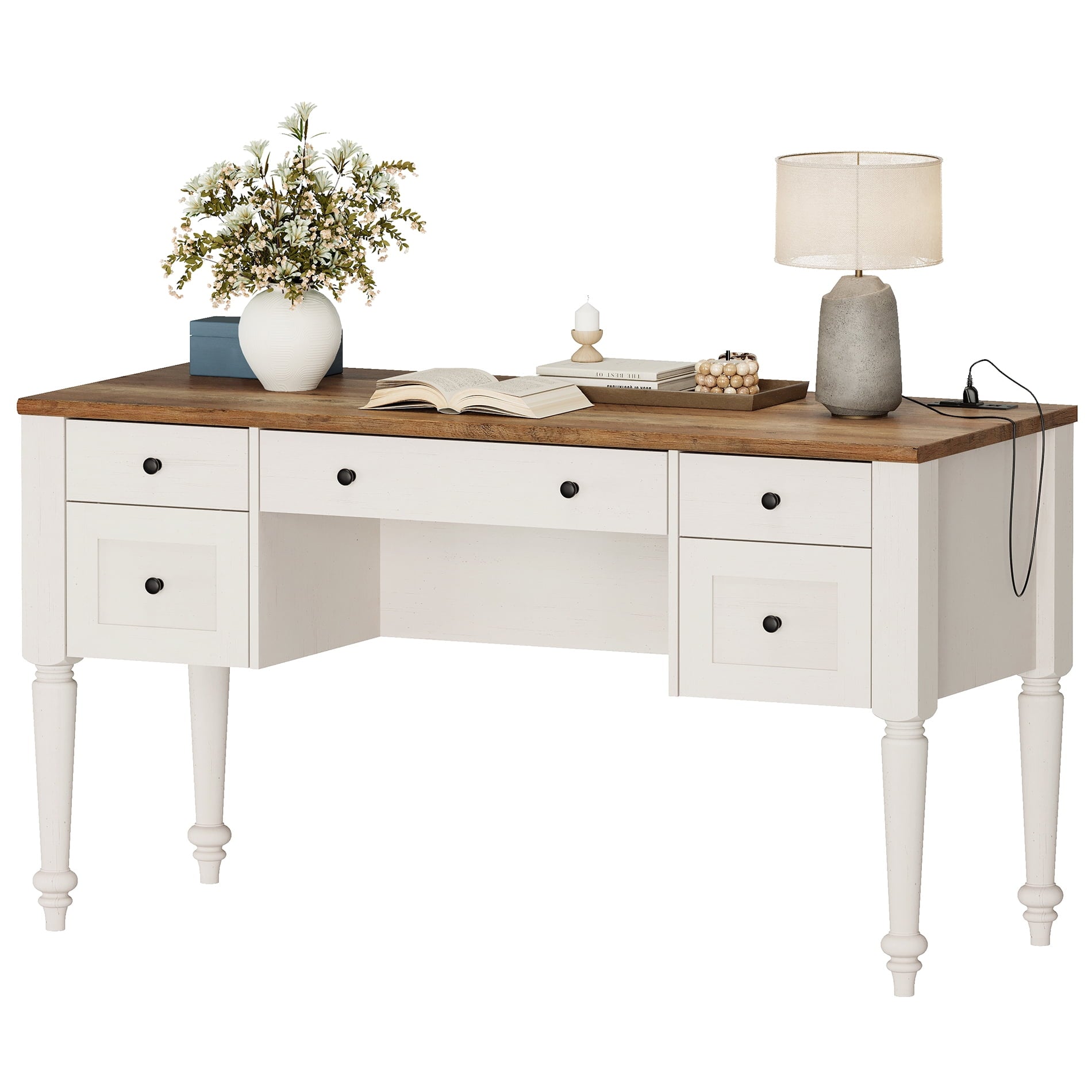 Farmhouse Executive Desk with 5 Drawers, Home Office Desk with Charging Station, Wooden Computer Desk with File Cabinet Storage, Door, Open Shelf for Work and Study, White, 56 inch