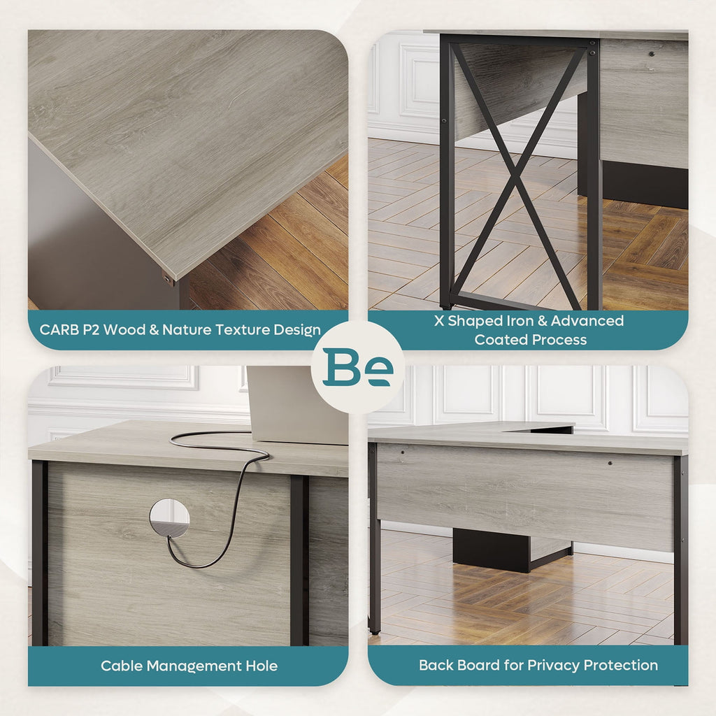 Bestier 55.7 inch L-Shaped Lift Top Desk with Storage, Sit to Stand Computer Desk with Monitor Stand & File Drawer in Grey