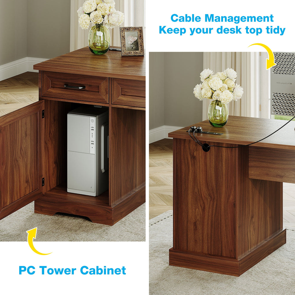 Casacomoda Home Office Desk with File Cabinet and Drawers, 59" Executive Desk with USB Power Outlet, Storage Cabinet for CPU, Workstation Table for Study, Rich Cherry