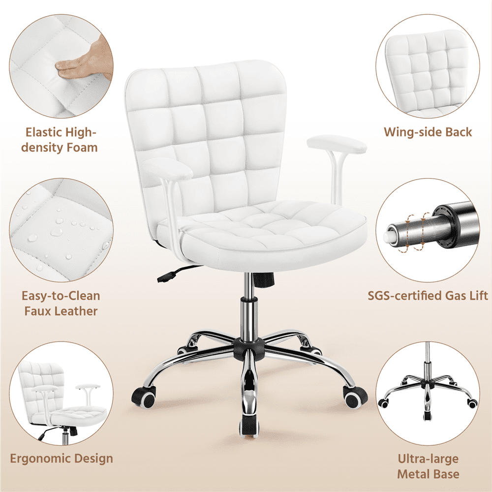 Alden Design Modern Mid-Back Faux Leather Office Chair Upholstered for Home Office, White