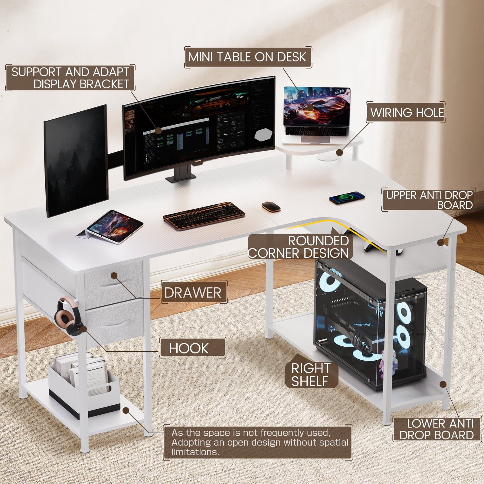 GTRACING Gaming Desk with Drawers, Carbon Fiber Style L Shaped Computer Desk Compatible with Monitor Arm Corner Desk Gaming Table for Home Office Desks, Easy to Assemble Adjustable Shelf Height