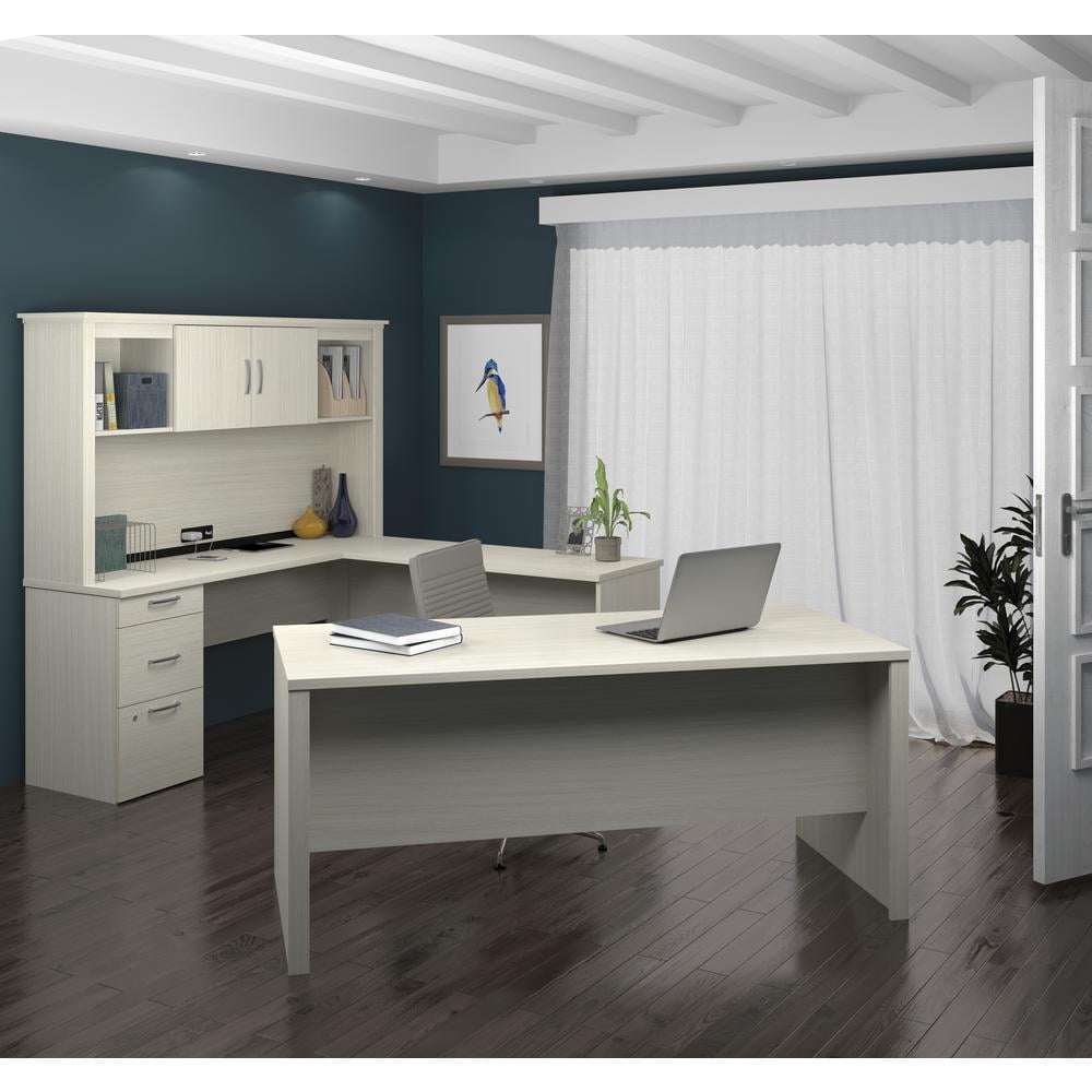 Bestar Logan Modern Wood U Shape Computer Desk with Hutch in White Chocolate