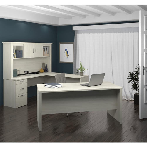 Bestar Logan Modern Wood U Shape Computer Desk with Hutch in White Chocolate