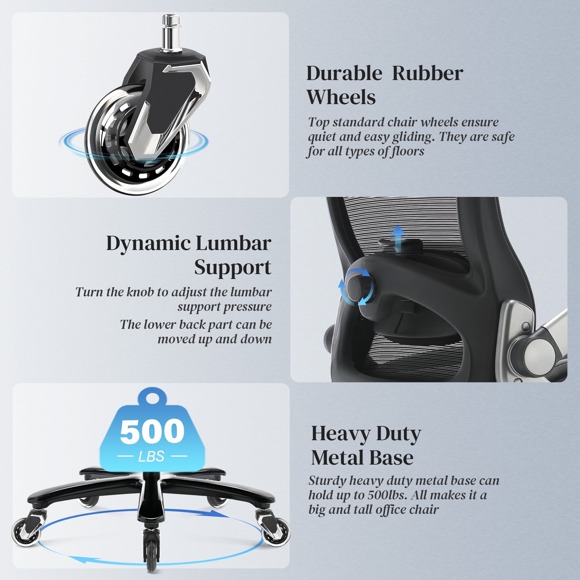 Big and Tall Office Chair 500 lbs, Ergonomic Desk Chair with 3D Flip up Arms, High Back Mesh Executive Computer Chair, Adjustable Headrest Lumbar Support, Black