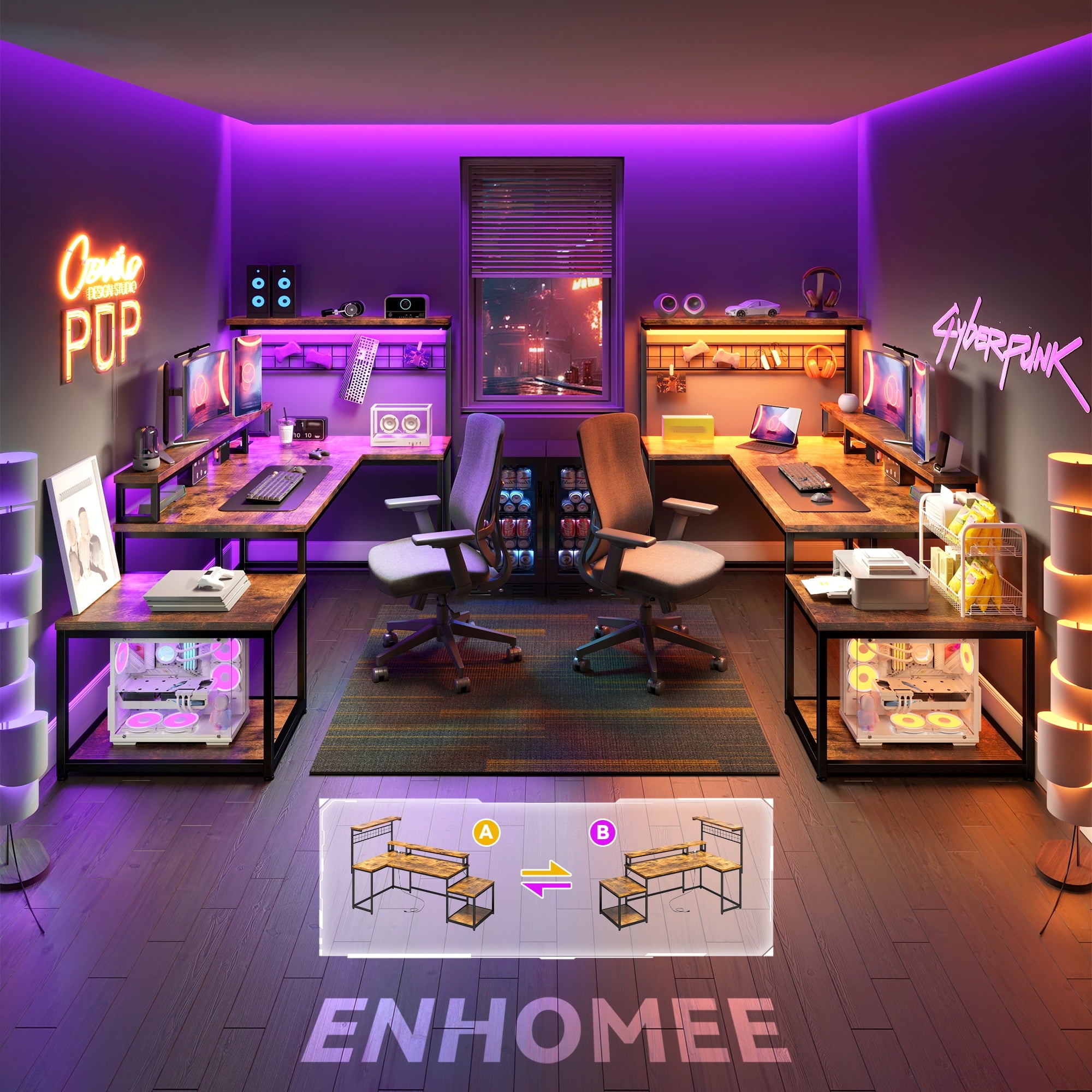 Enhomee L Shaped Computer Desk Reversible Corner Desk with Power Outlet Computer Desk with Led Lights and Storage Shelves, Rustic Brown