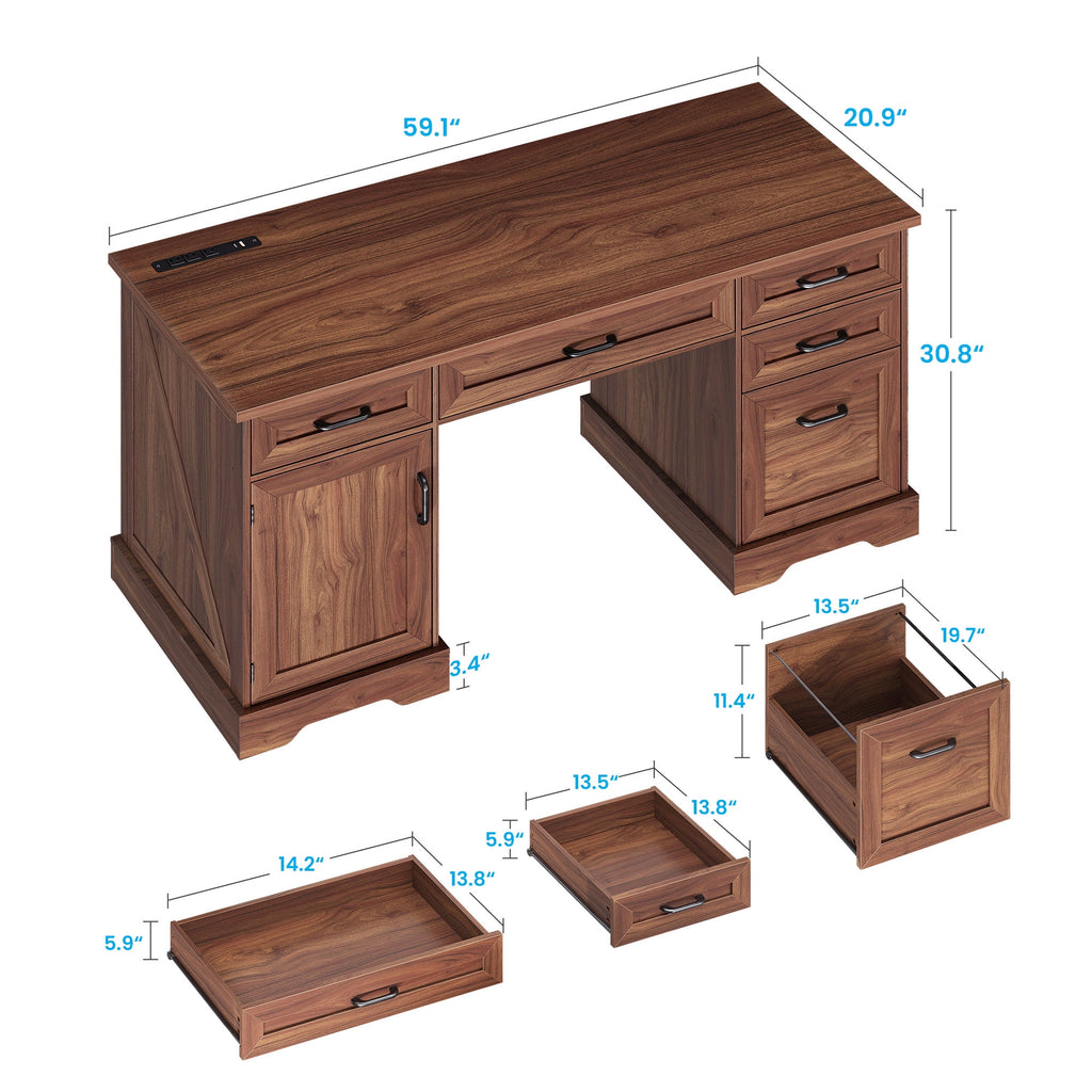 Casacomoda Home Office Desk with File Cabinet and Drawers, 59" Executive Desk with USB Power Outlet, Storage Cabinet for CPU, Workstation Table for Study, Rich Cherry