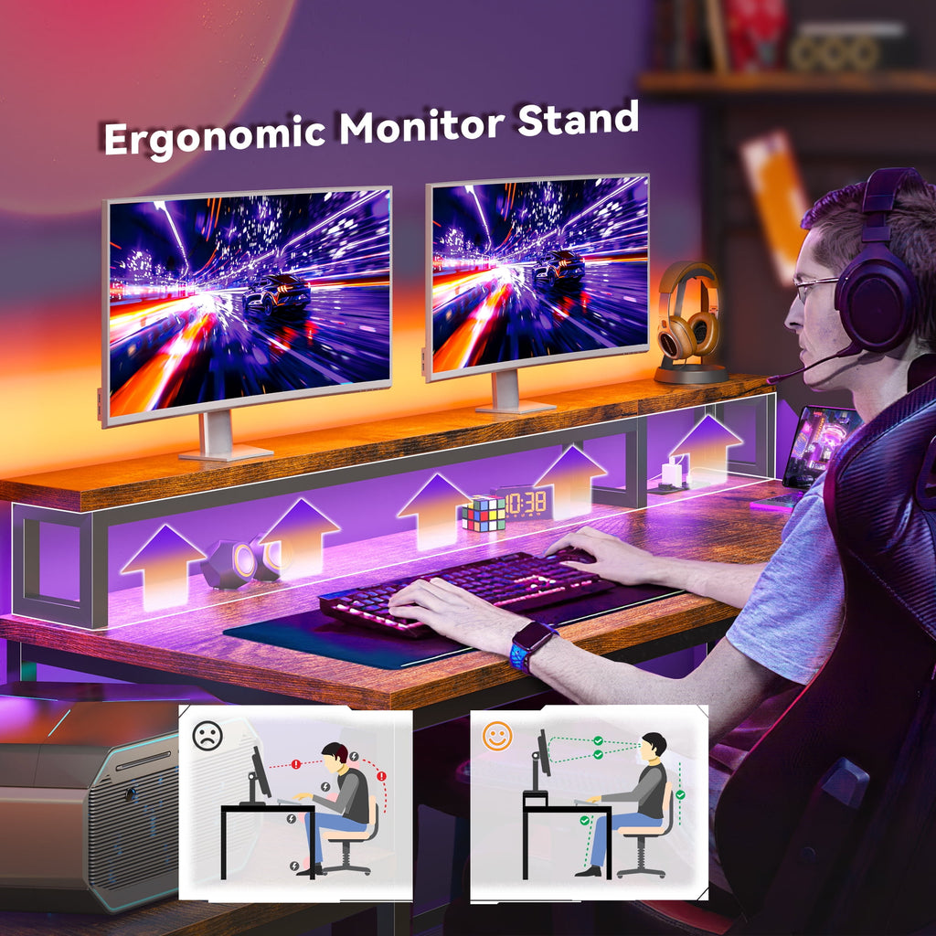 Enhomee L Shaped Computer Desk Reversible Corner Desk with Power Outlet Computer Desk with Led Lights and Storage Shelves, Rustic Brown