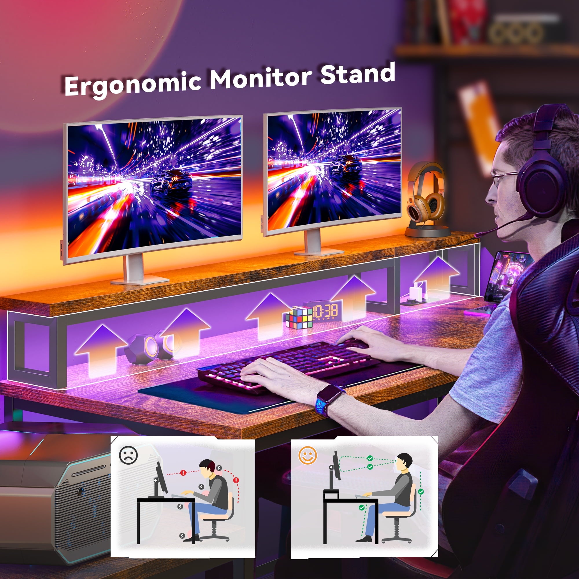 Enhomee L Shaped Computer Desk Reversible Corner Desk with Power Outlet Computer Desk with Led Lights and Storage Shelves, Rustic Brown